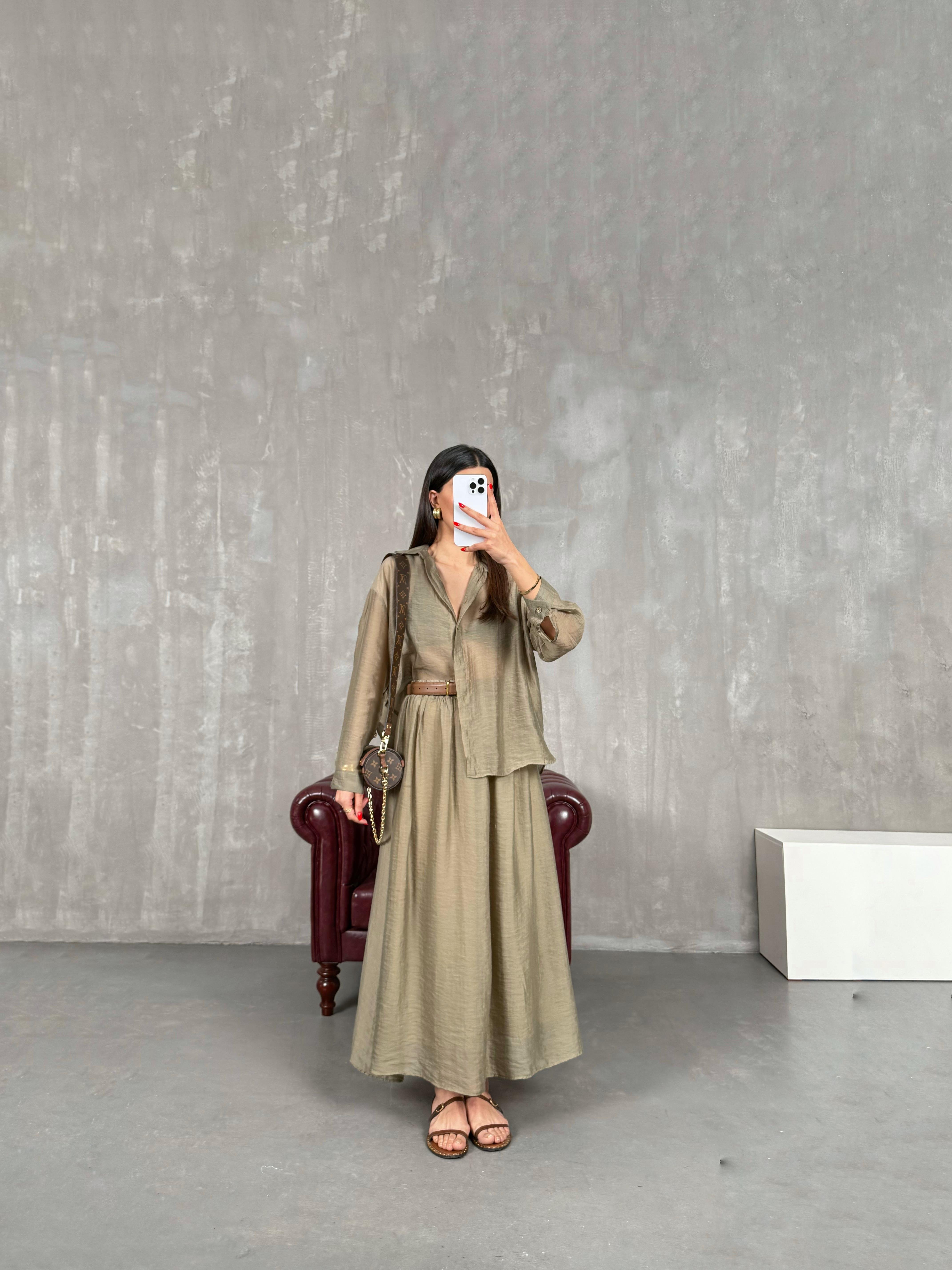 Haki Gömlek Astarlı Beli Lastikli Etek Kırışık Tensel Takım Gaus00158GausTAKIMGU1001366