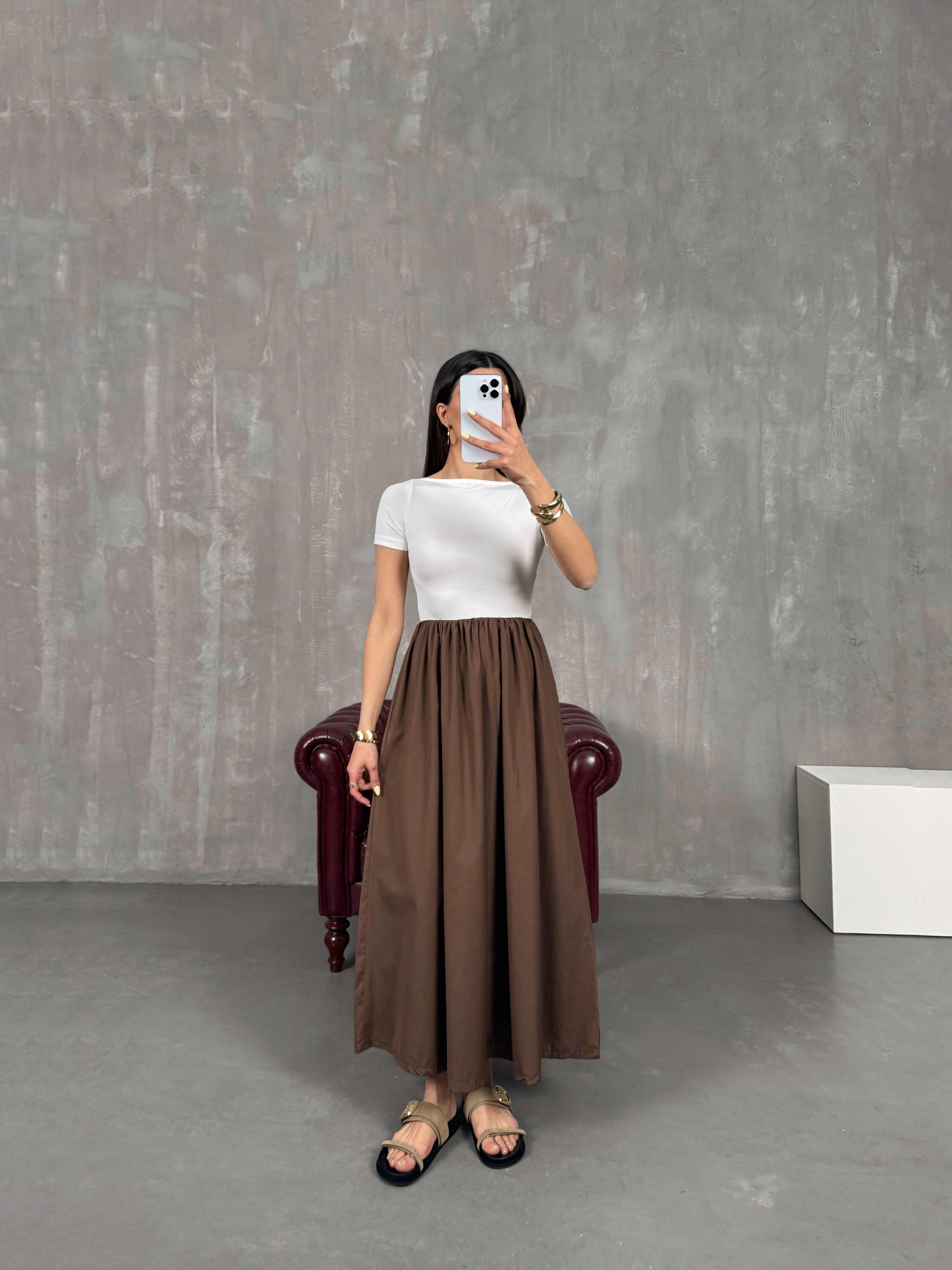 Kahve Kısa Kollu Renk Bloklu Elbise Gaus00124GausELBİSEGU1001280