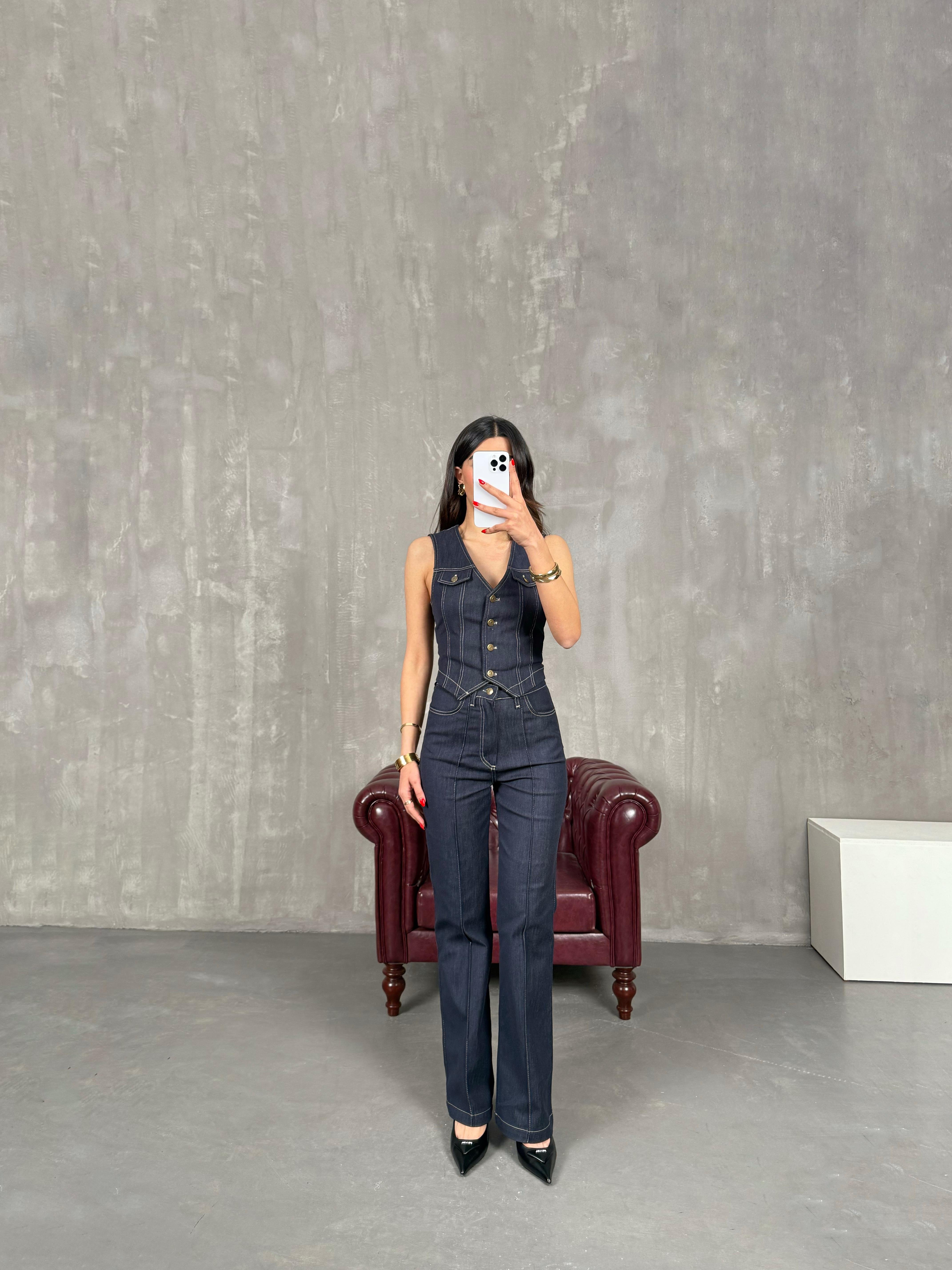 Lacivert Likralı Yelek Pantolon İnce Denim Takım Gaus00198GausTAKIMGU1001466