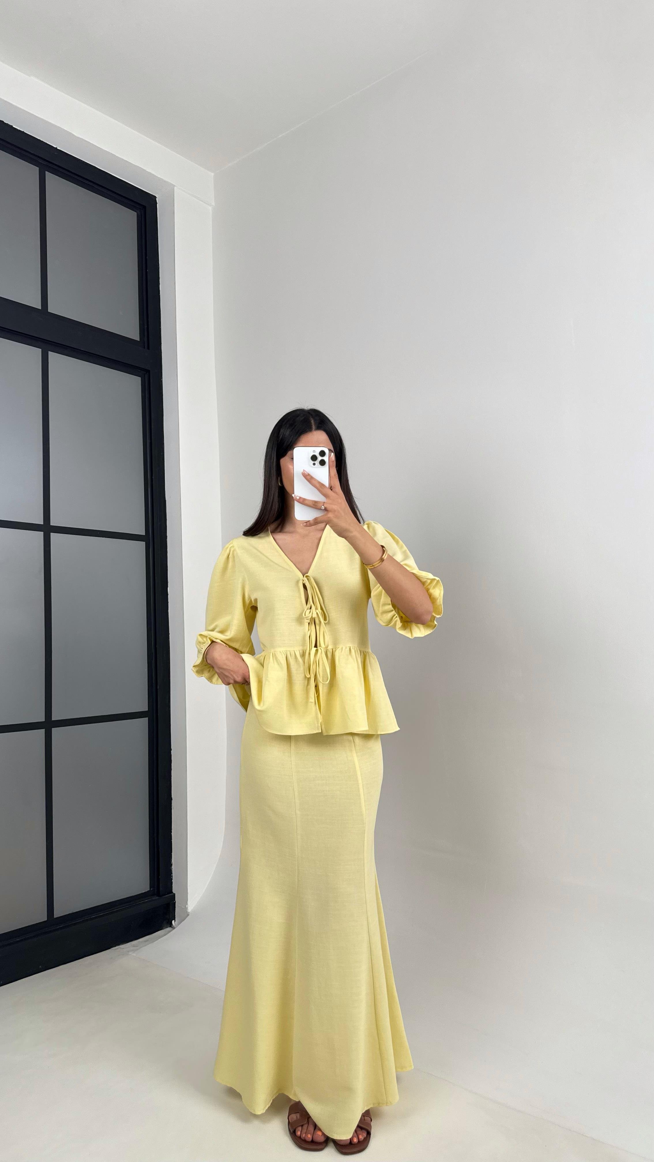 Sarı Önden Bağlama Detaylı Balon Kol Bluz Etek İkili Pinterest Keten Takım Gaus00570 GausTAKIMGU1002330