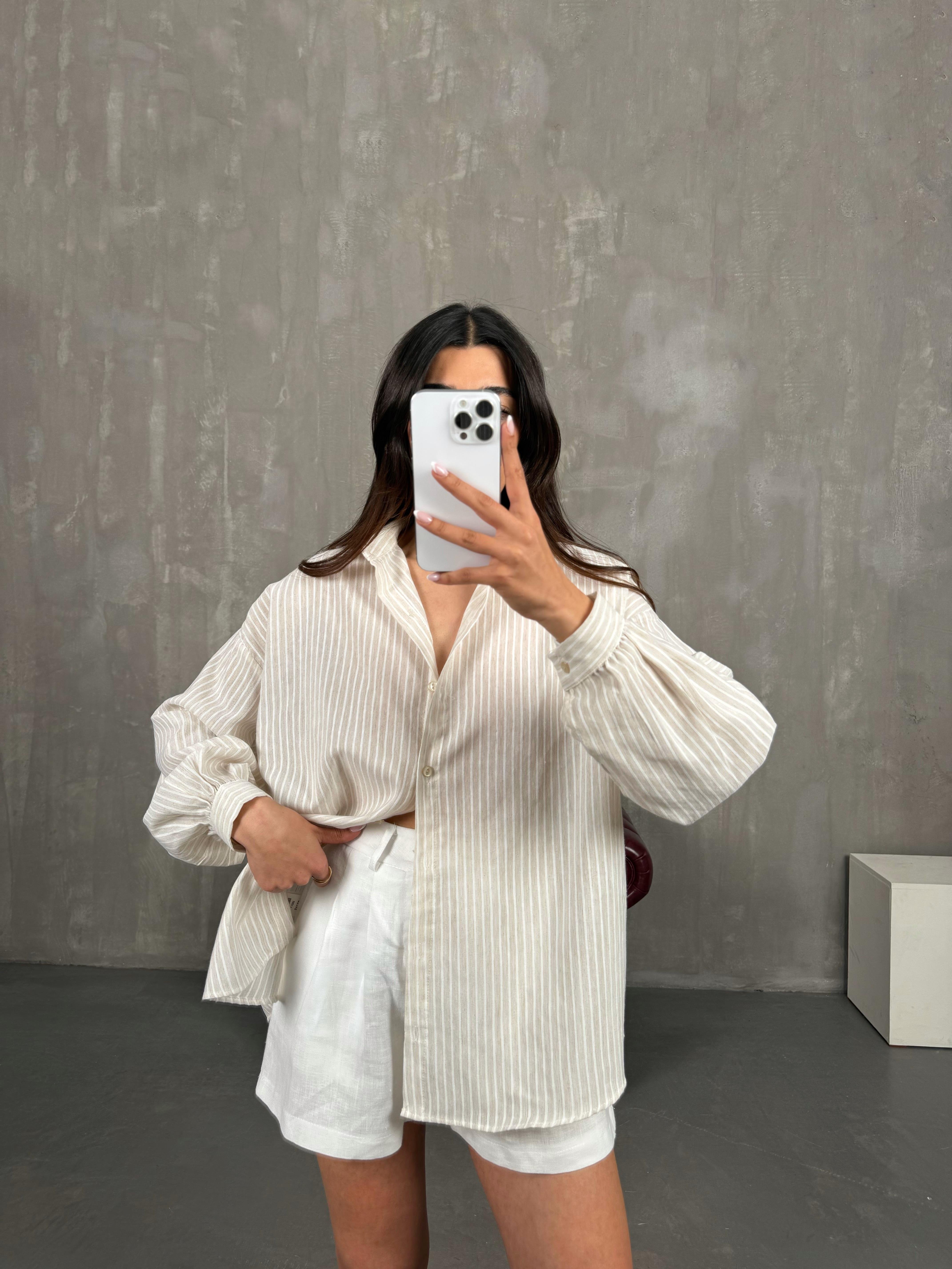 Vizon Beyaz Çizgili Keten Gömlek Gaus00268GausGÖMLEKGU1001620