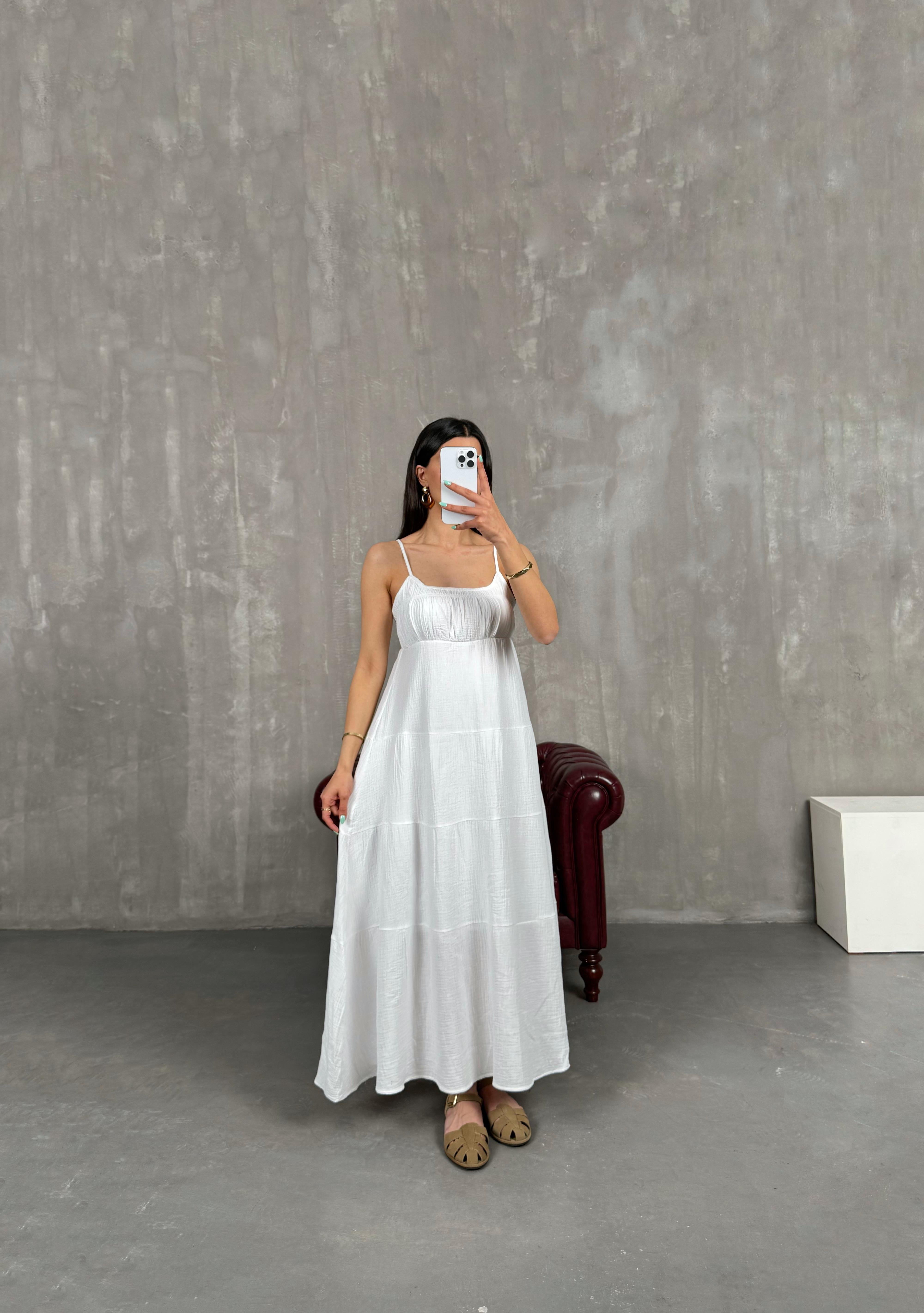 Beyaz Ayarlanabilir Askılı Yarım Astarlı Müslin Elbise Gaus00244GausELBİSEGU1001565