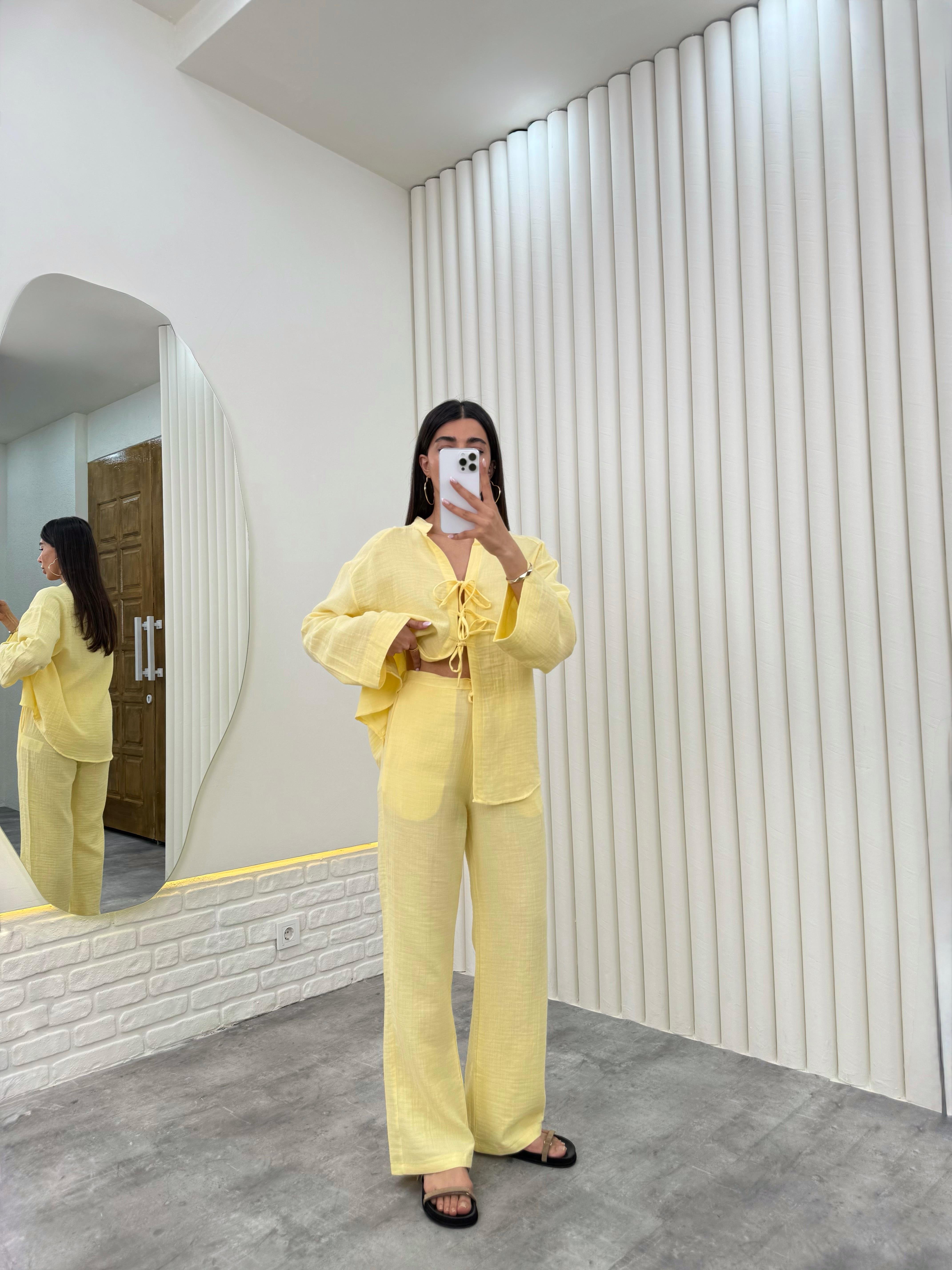 Sarı Önü Bağlamalı Beli Lastikli Müslin Kumaş Takım Gaus00282GausTAKIMGU1001657