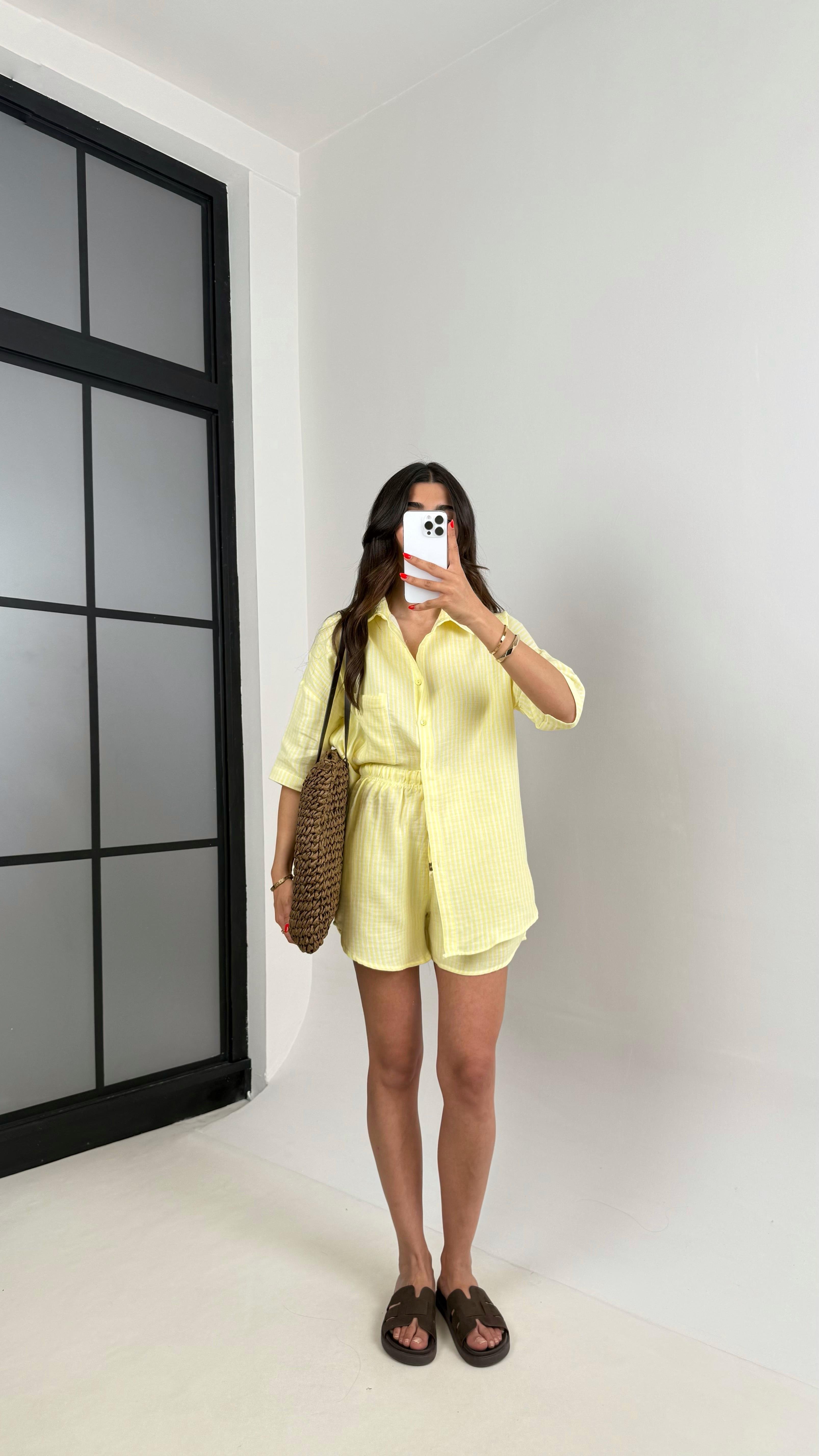 Sarı Beyaz Şeritli Cep Detaylı Gömlek Şortlu Müslin Takım Gaus00491GausTAKIMGU1002155