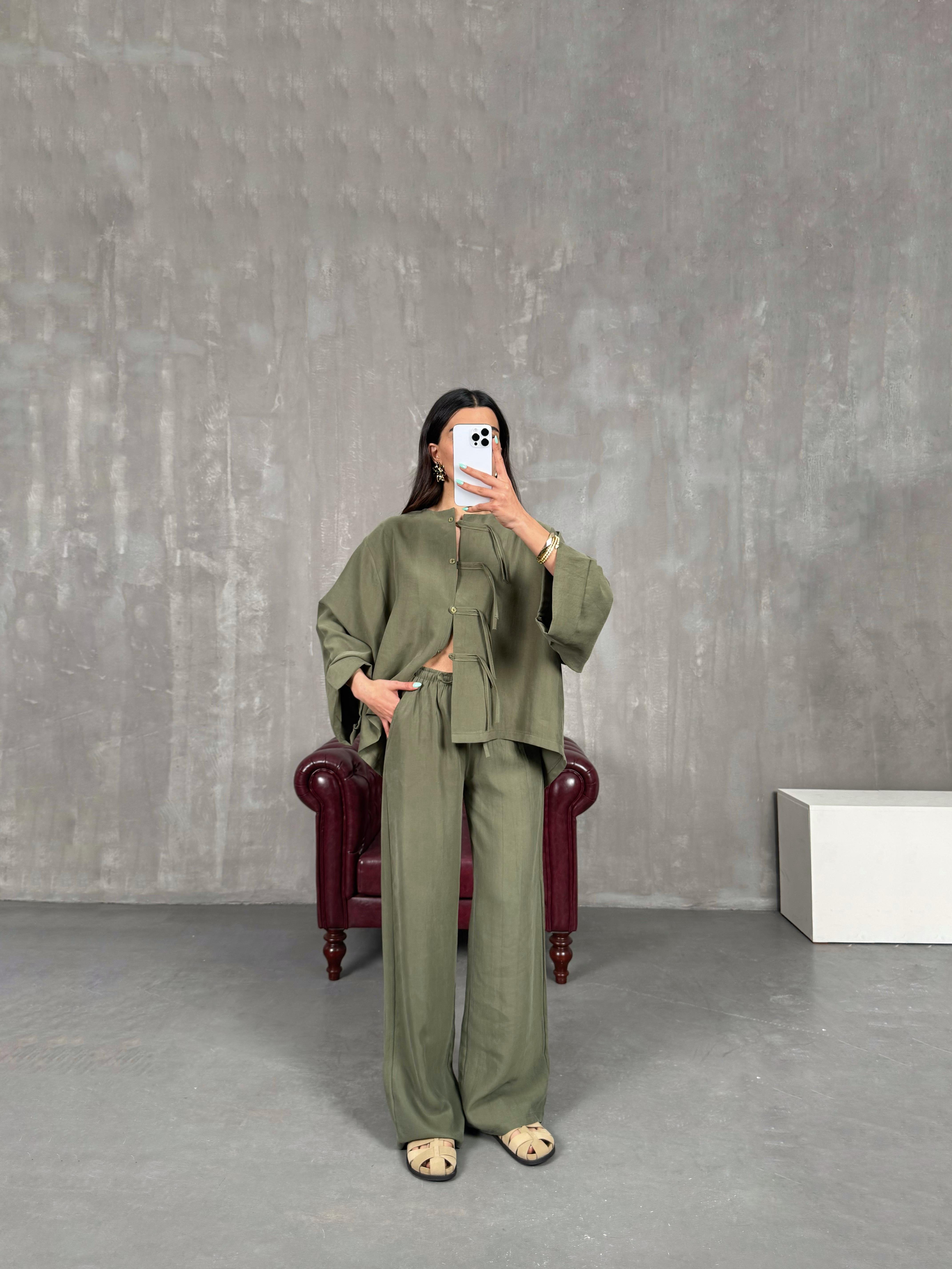 Haki Yaka Düğmeli Gömlek Beli Lastikli Pantolon Tensel Takım Gaus00238GausTAKIMGU1001553