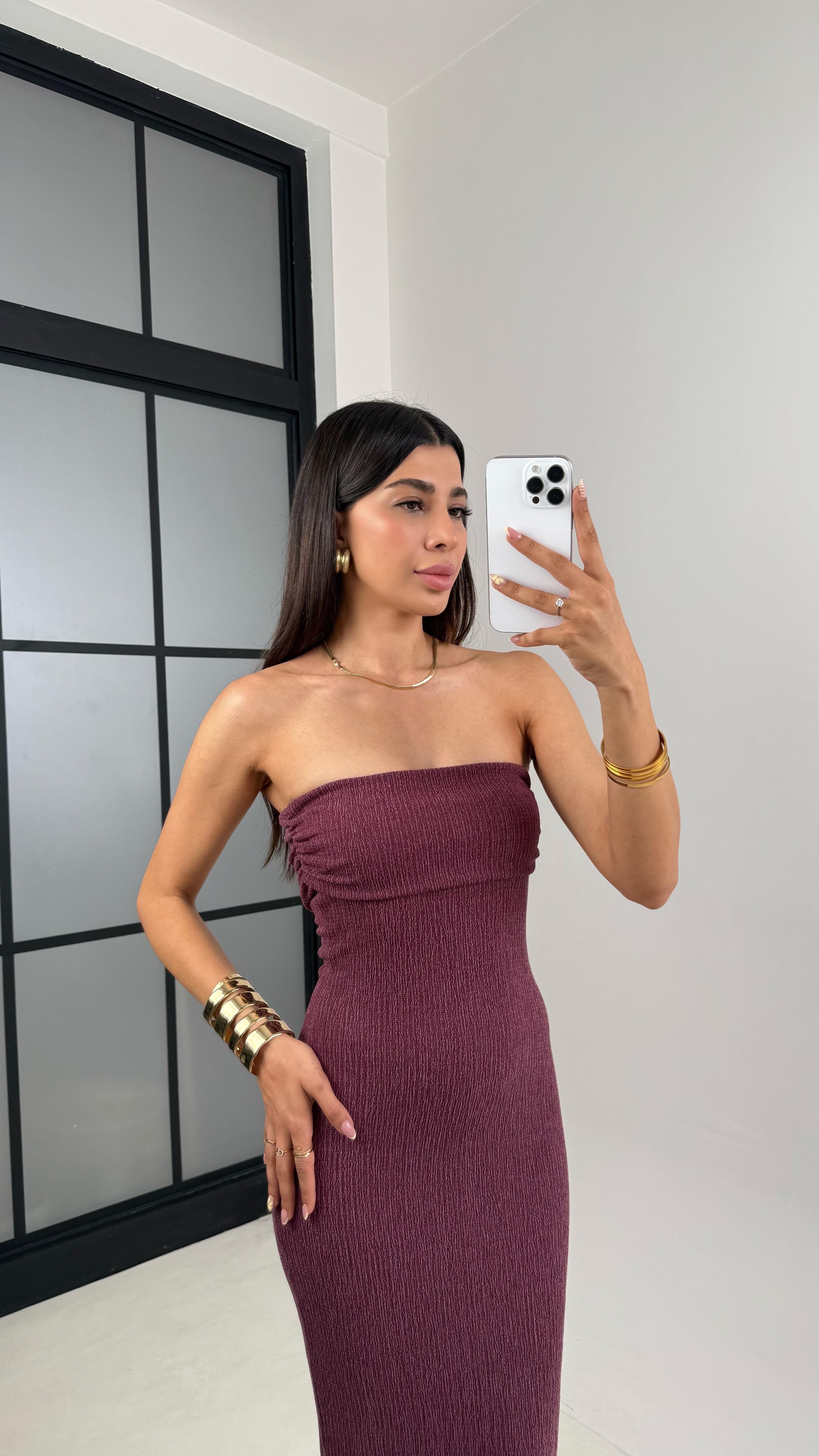 Mürdüm Straplez Yırtmaçlı Bürümcük Elbise Gaus00645GausELBİSEGU1002499