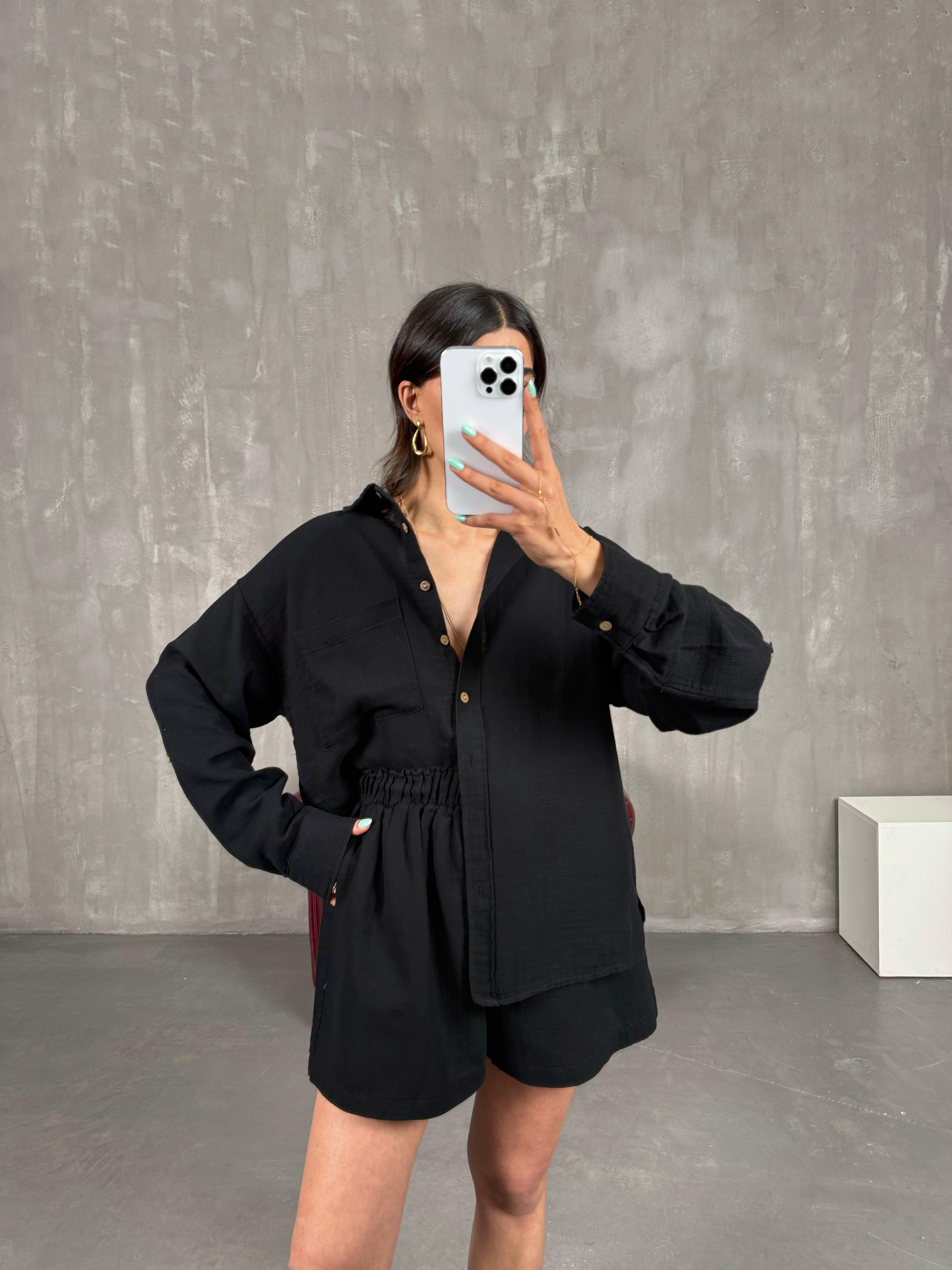 Siyah Cepli Gömlek Beli Lastikli Şort Takım Gaus00226GausTAKIMGU1001524