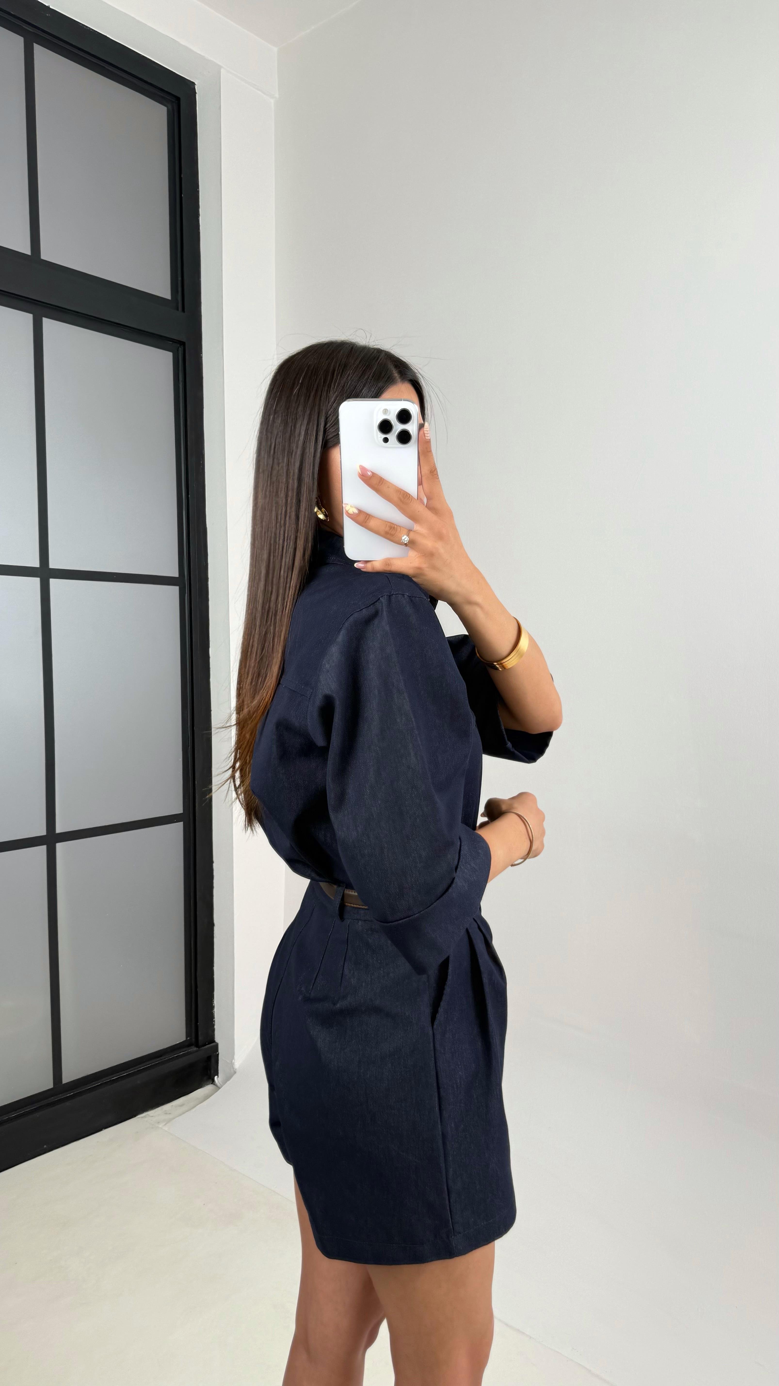 Lacivert Cep Detaylı Gömlek Kemerli Şort İkili Denim Takım Gaus00643GausTAKIMGU1002495