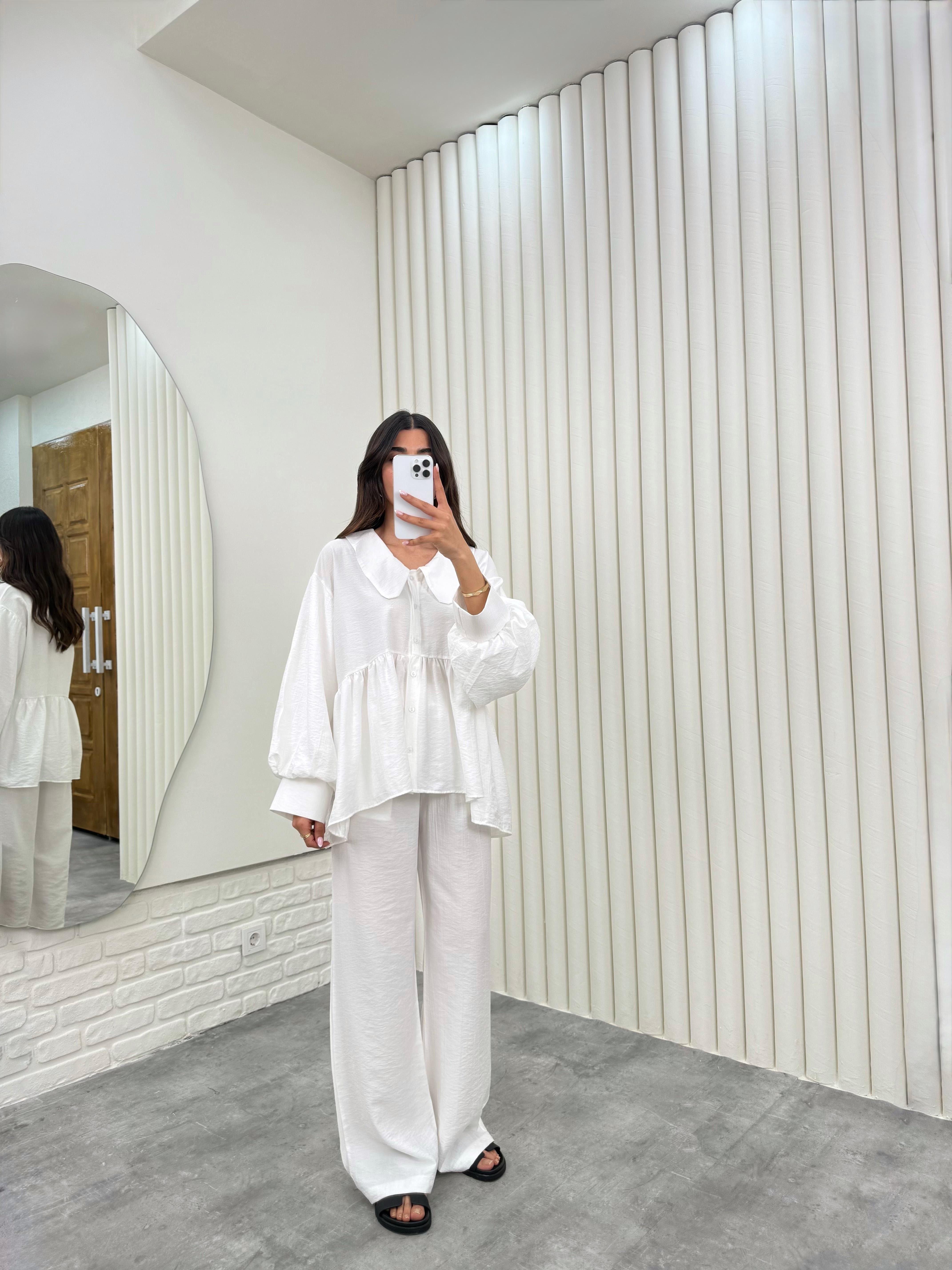 Beyaz Bağlamalı Bebe Yaka Üst Beli Lastikli Cepli Pantolon İthal Kumaş Takım Gaus00292GausTAKIMGU1001677