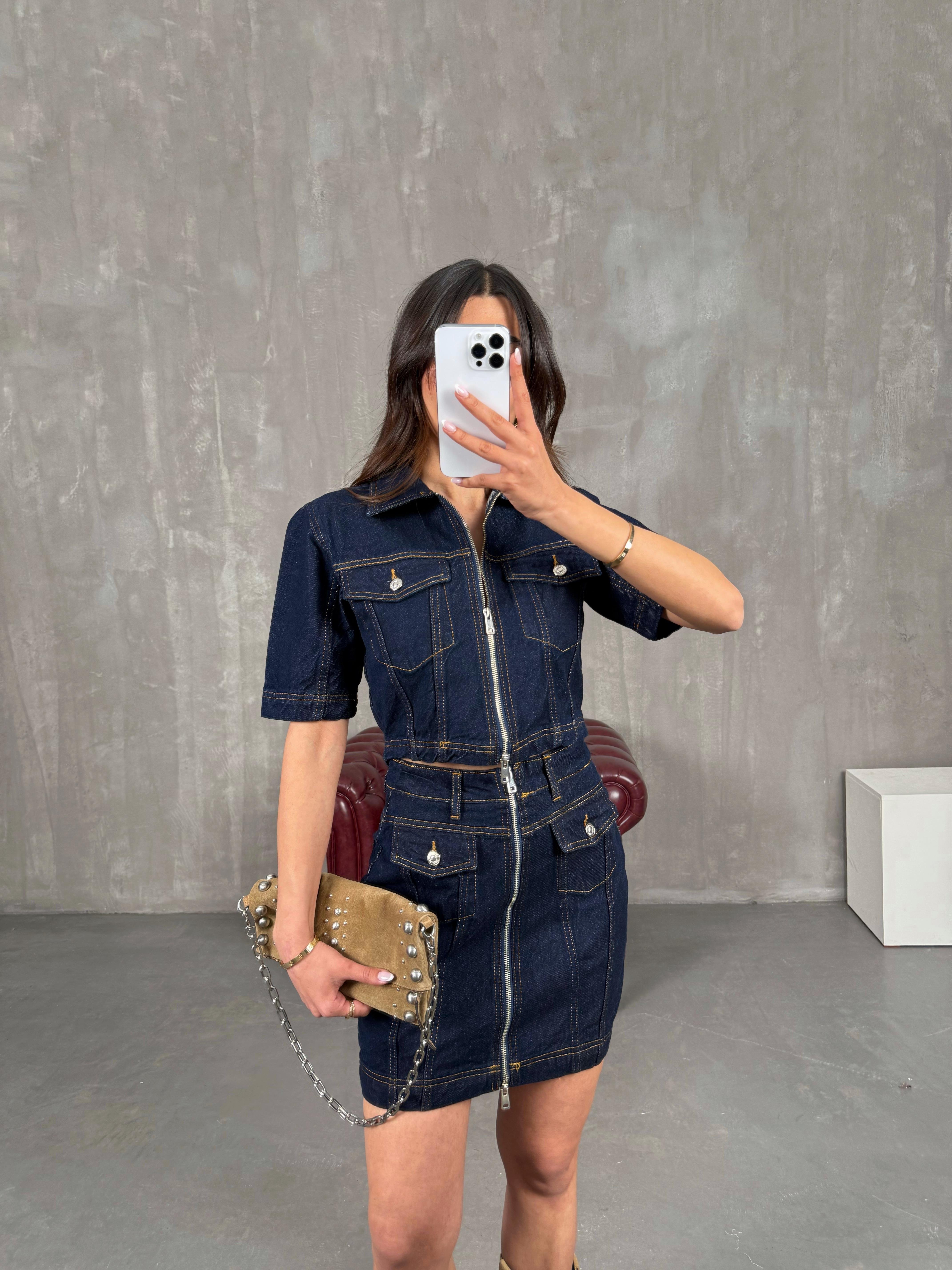 Lacivert Cepli Önü Fermuarlı Denim Etekli Takım Gaus00259GausTAKIMGU1001599