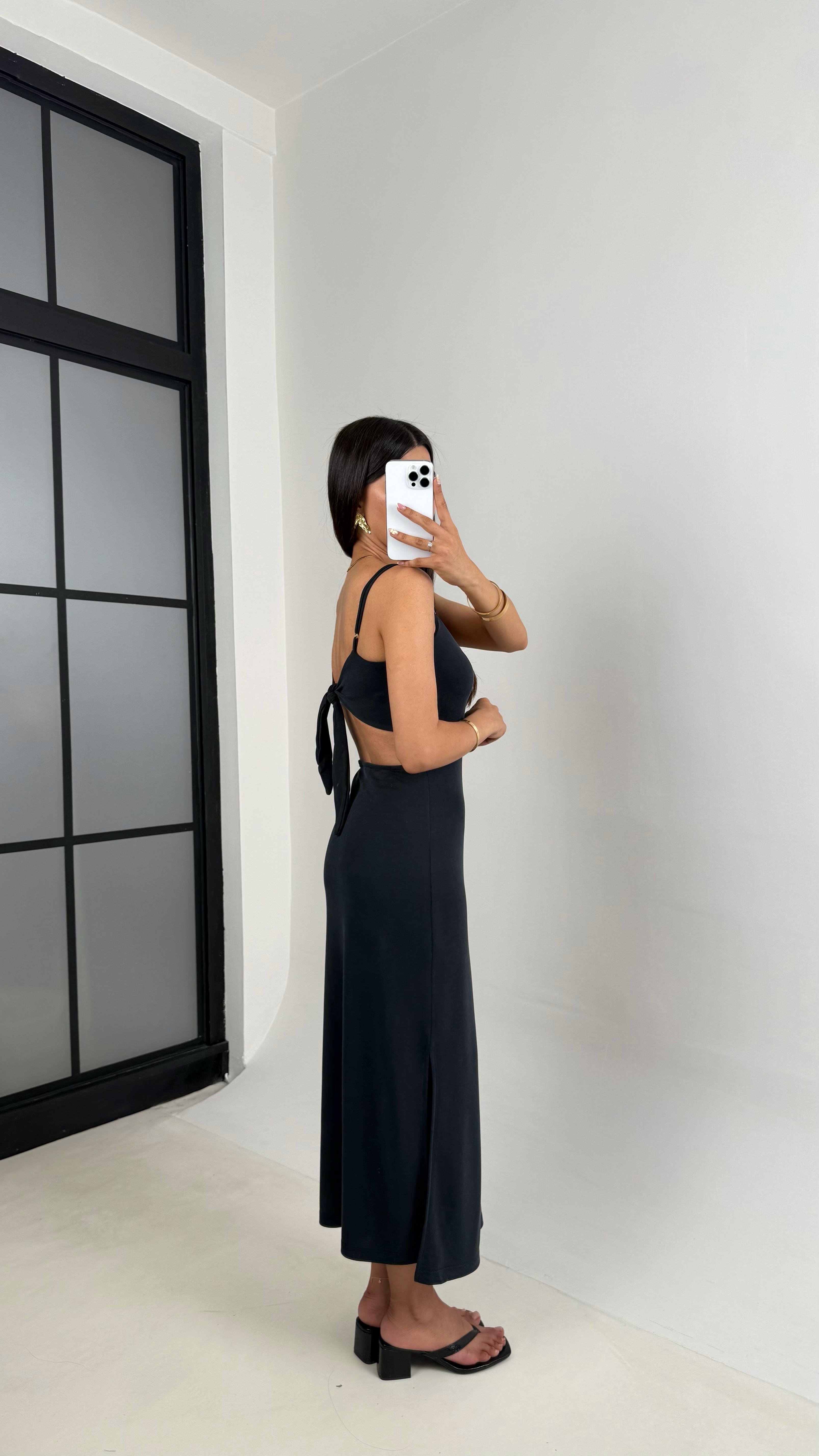 Antrasit Ayarlanabilir Askılı Sırt Dekolteli Pike Modal Kumaş Elbise Gaus00644GausELBİSEGU1002496