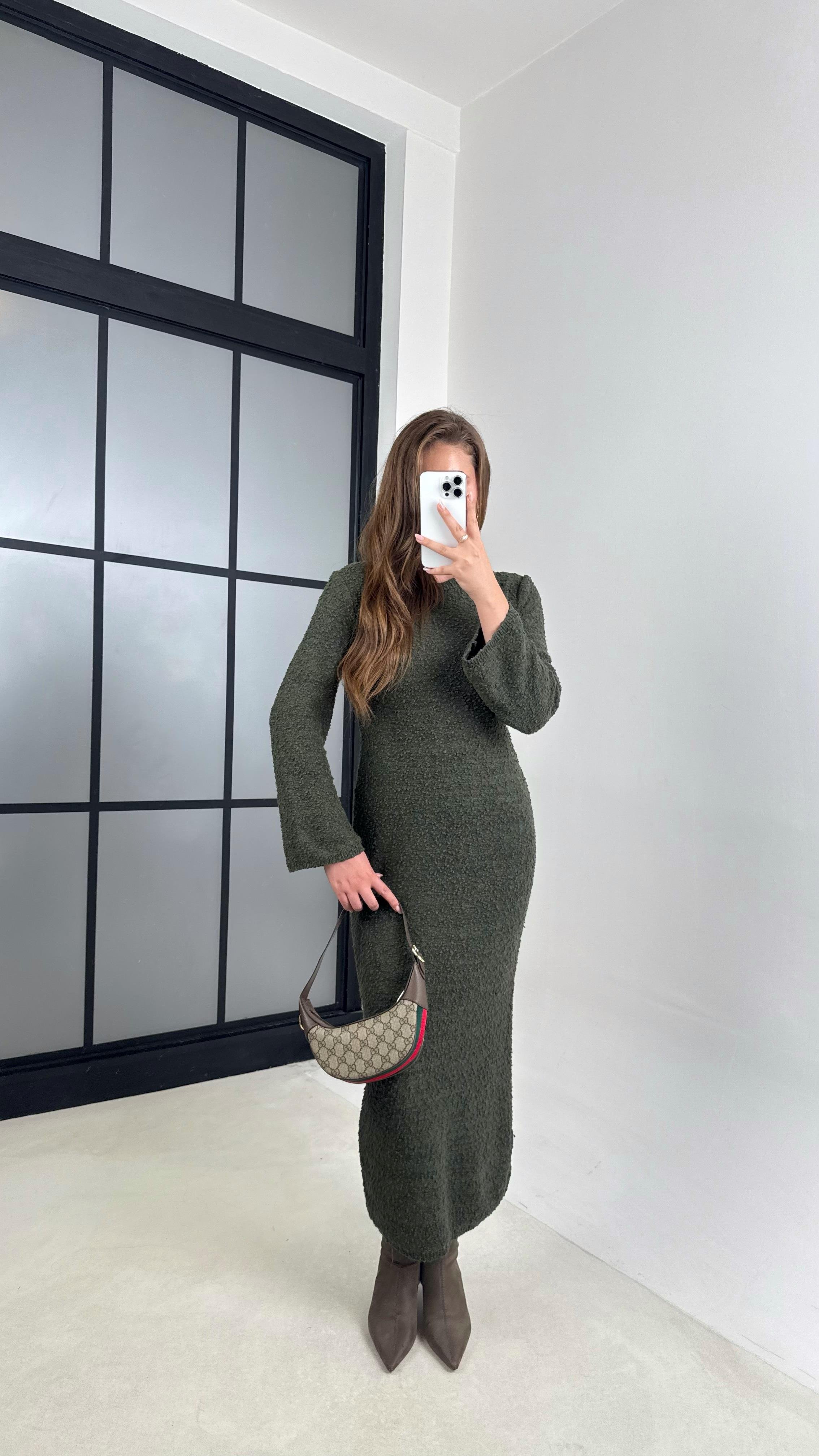 Haki Bisiklet Yaka Tasarım Uzun Triko Elbise GAUS-00125GAUSELBİSEGAUS-00125