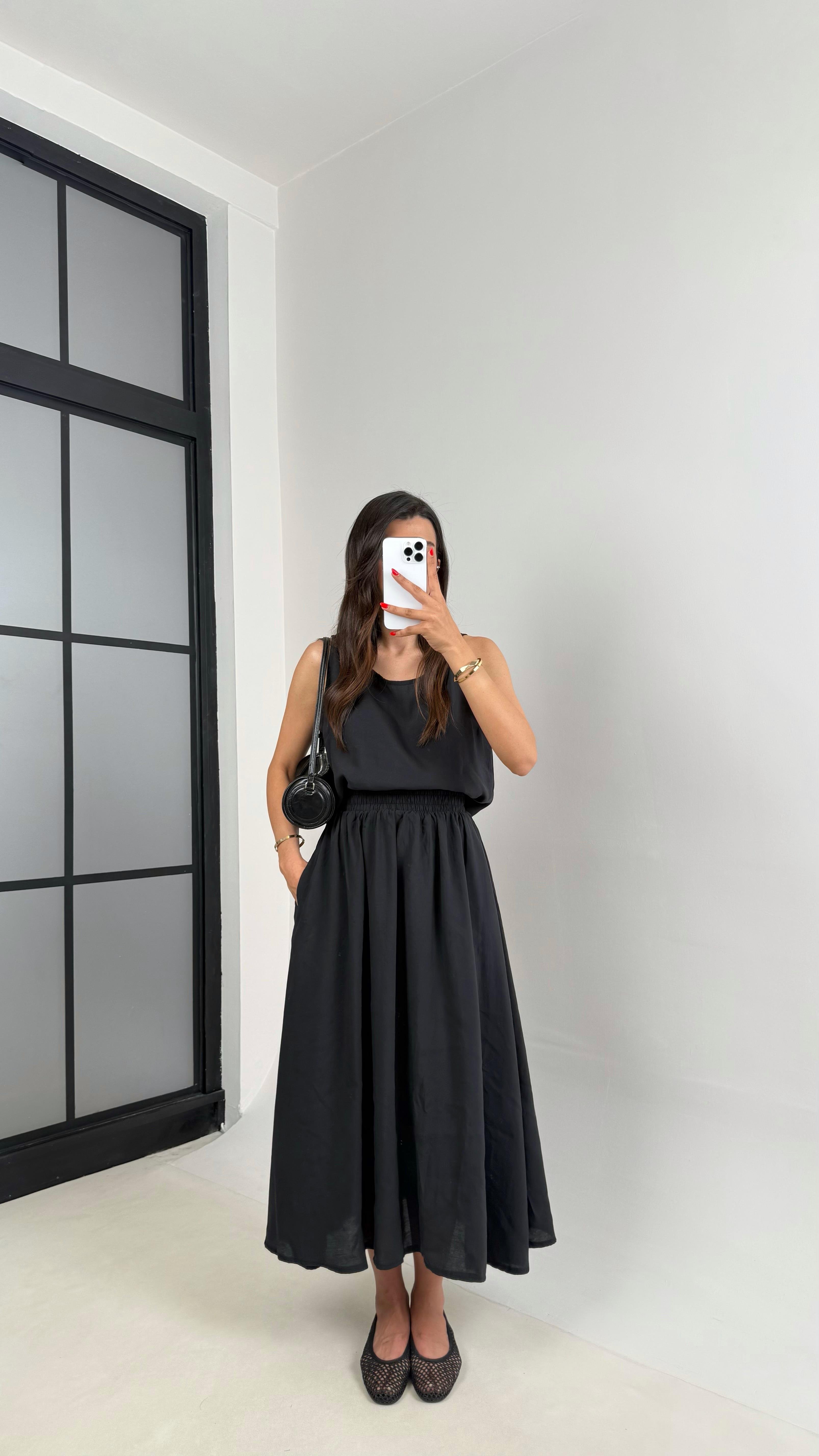 Siyah Bluz Beli Lastikli Etek İkili Kırışık Tencel Takım Gaus00522GausTAKIMGU1002225