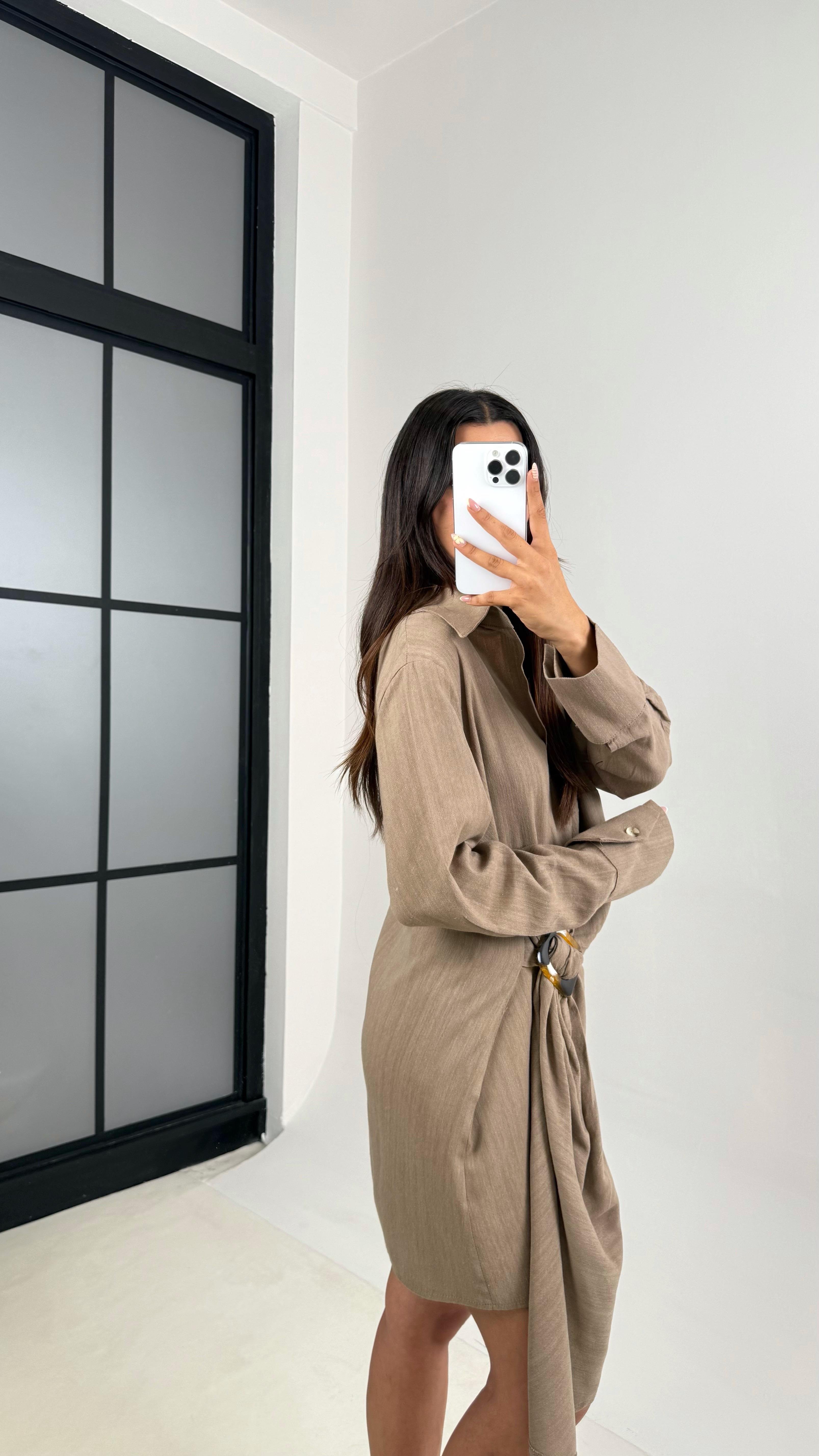 Kahve Toka Detaylı Premium Keten Elbise Gaus00689GausELBİSEGU1002590