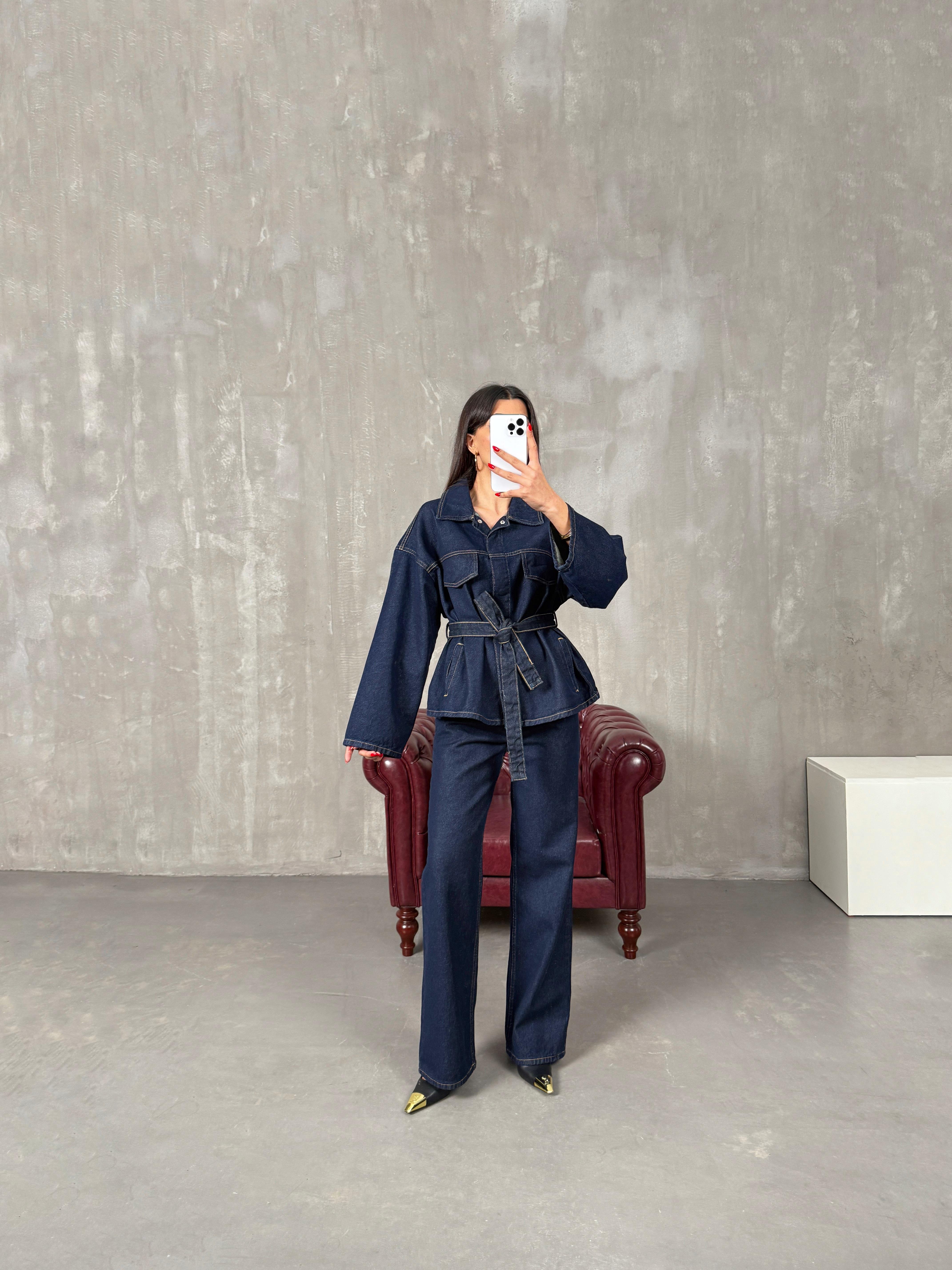 Vanola Lacivert Belden Kuşaklı Tasarım Premium Denim Takım GausTAKIMGU100491
