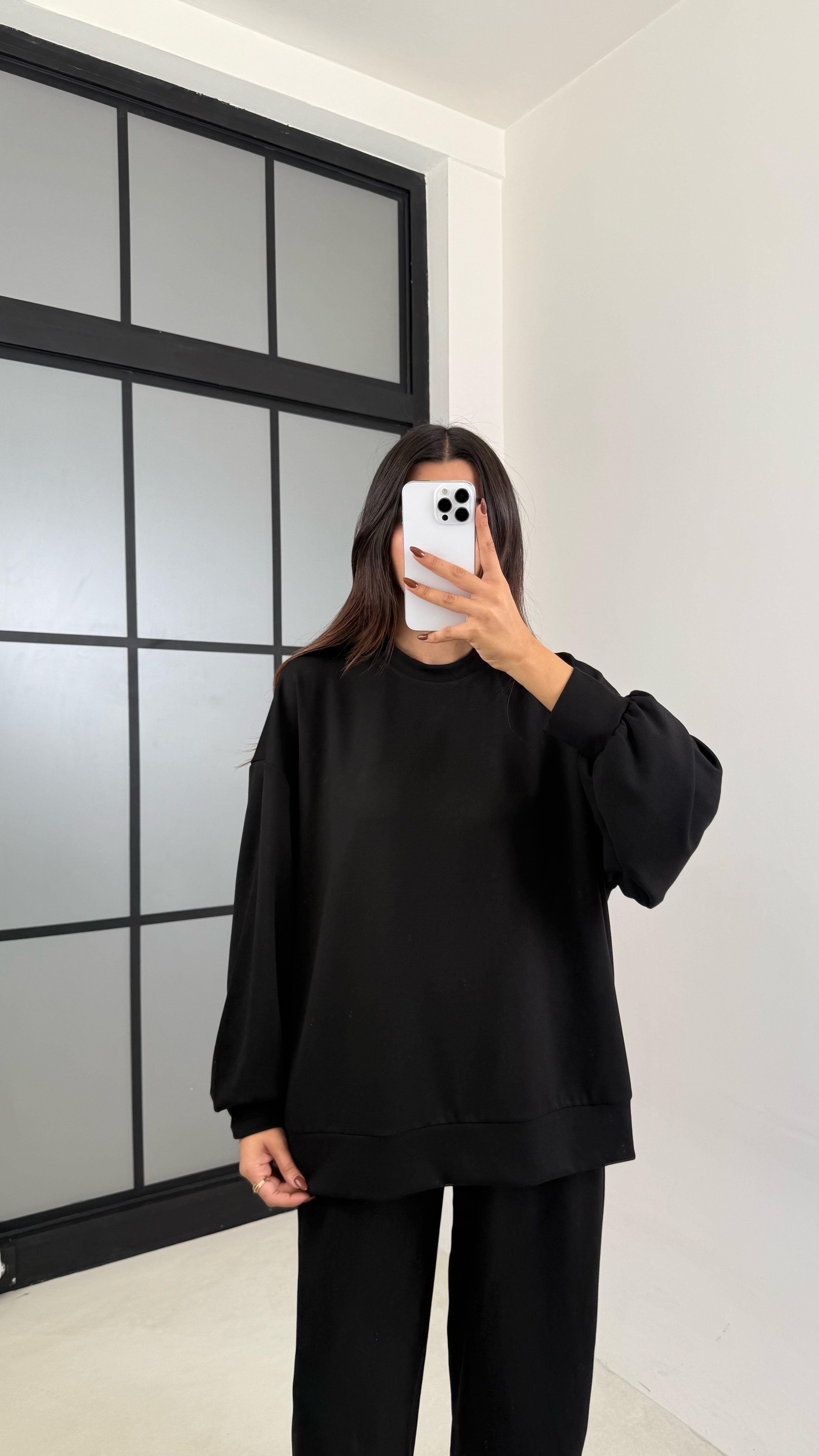 Siyah Uzun Kol Kazak Beli Lastikli Pantolon İkili Modal Kumaş Takım GAUS-00135GAUSTAKIMGAUS-00135