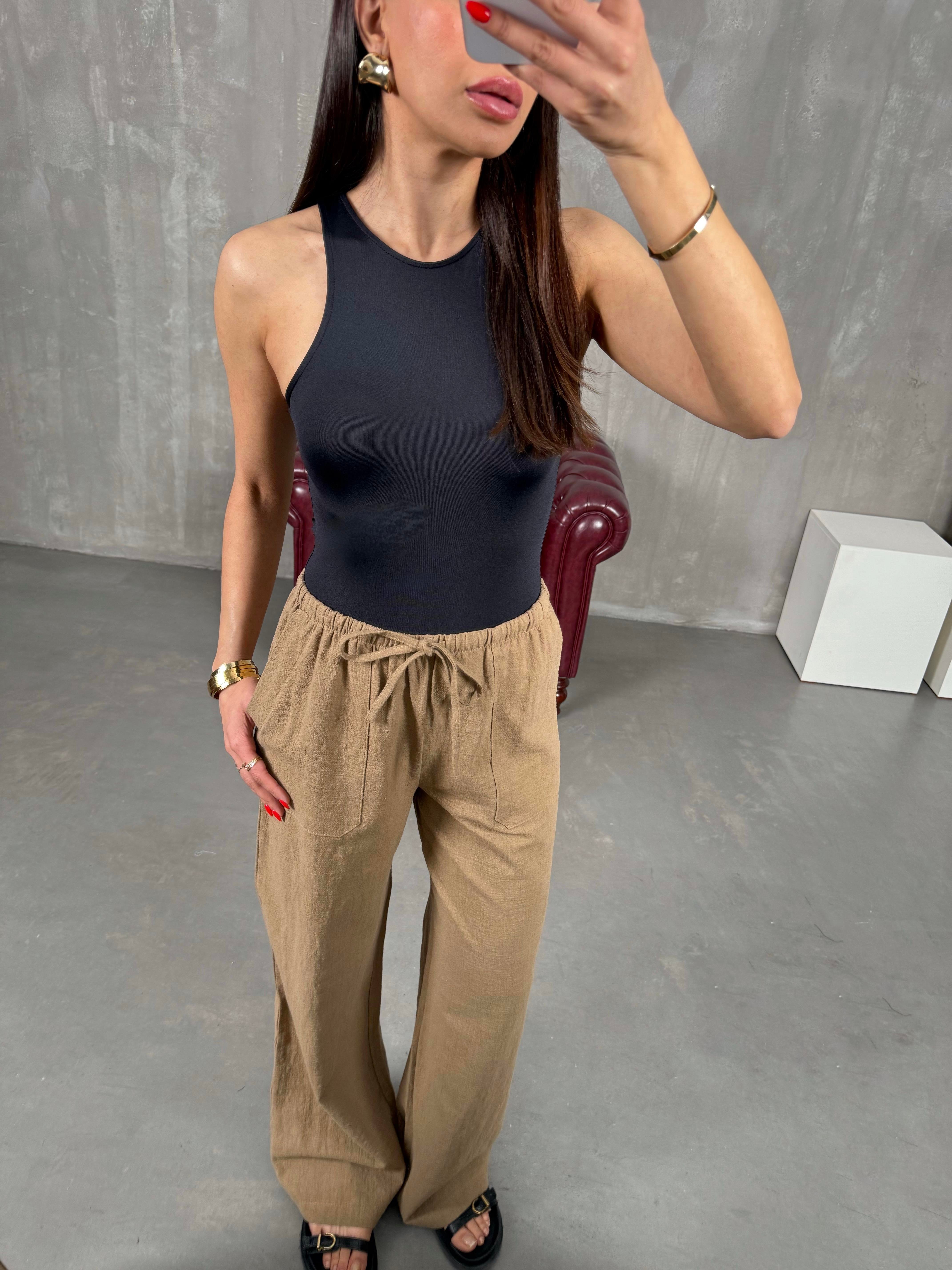 Kahve Beli Lastikli Keten Pantolon Gaus00156GausPANTOLONGU1001359