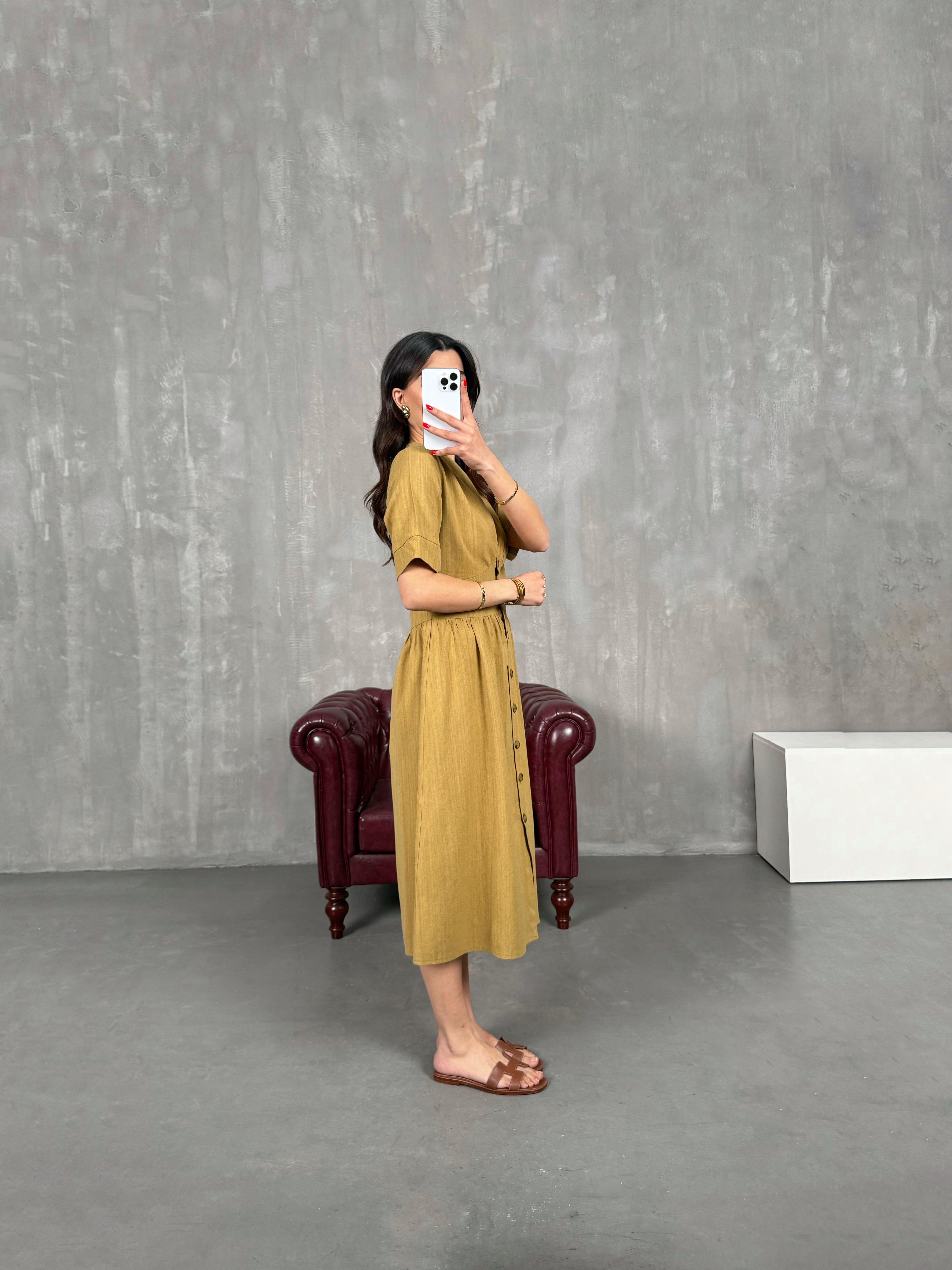 Yağ Yeşili V Yaka Düğmeli Keten Elbise Gaus00169GausELBİSEGU1001393