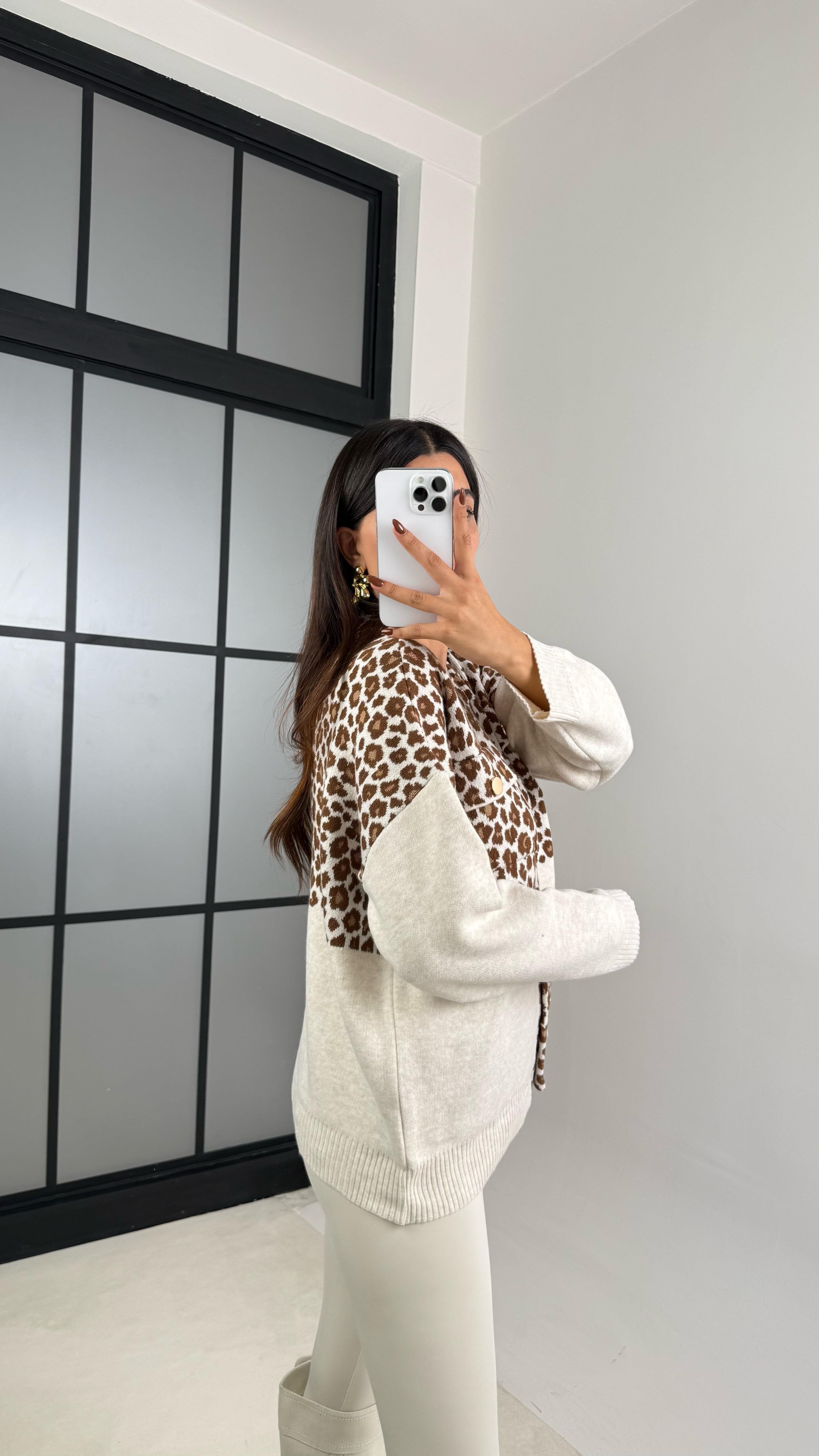 Bej Leopar Desenli Cepli Triko Hırka GAUS-00176GAUS الكارديغان  GAUS-00176