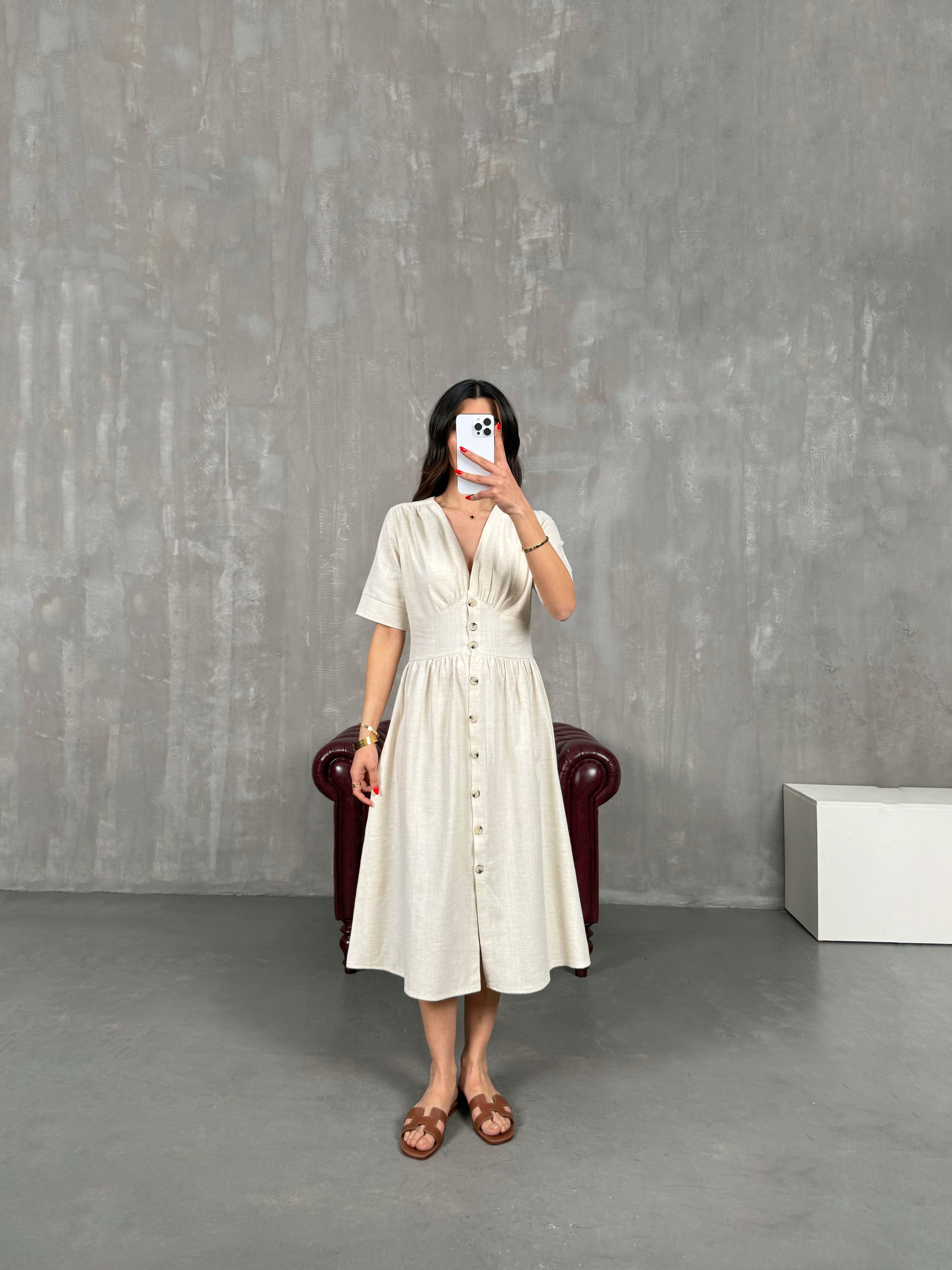 Taş V Yaka Düğmeli Keten Elbise Gaus00169GausELBİSEGU1001392