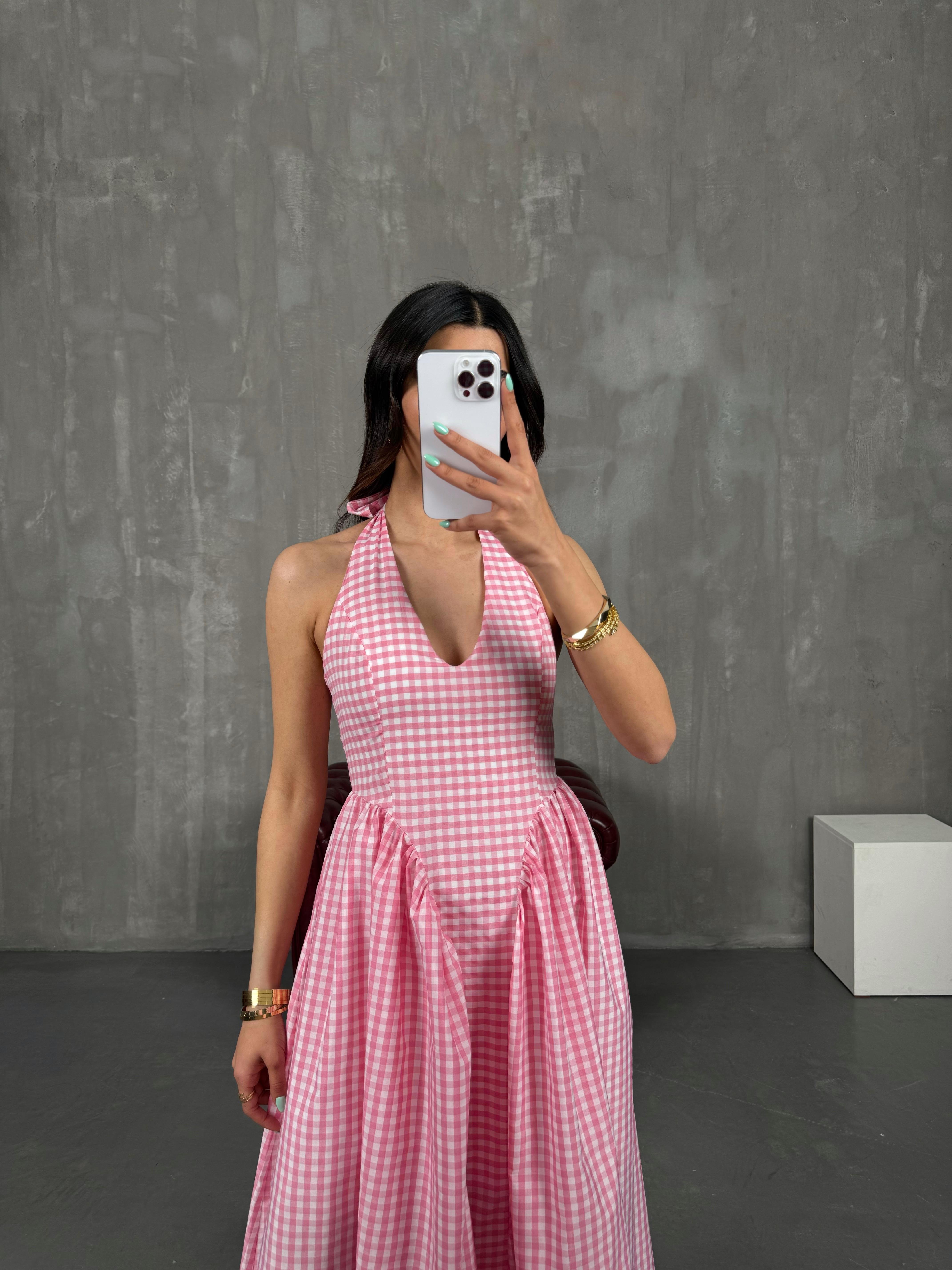 Pembe Boyundan Bağlamalı Yarım Astarlı Pötikare Elbise Gaus00235GausELBİSEGU1001542