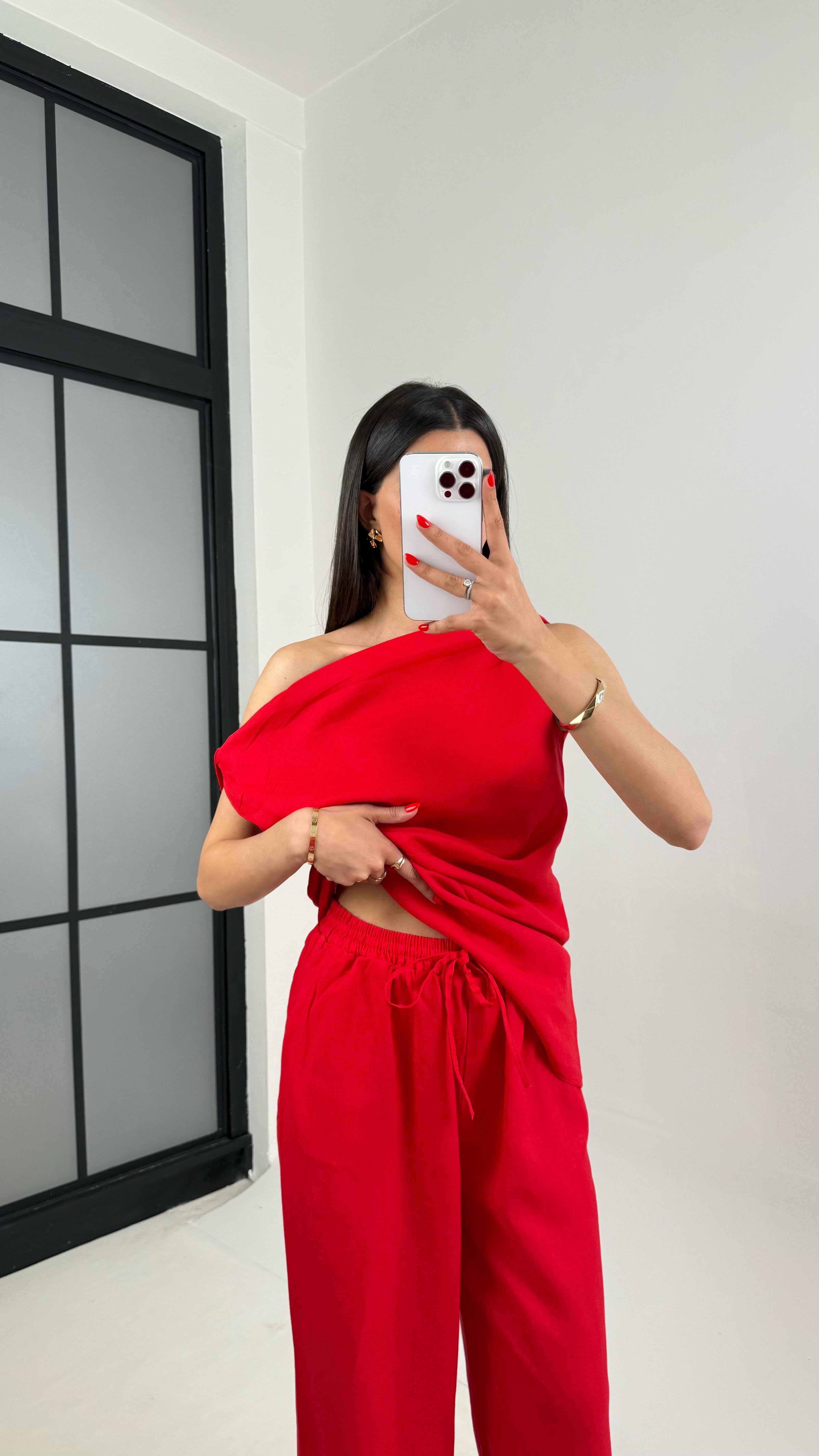 Kırmızı Asimetrik Kesim Bluz Beli Lastikli Pantolon Tasarım Keten Takım Gaus00315 GausTAKIMGU1002081