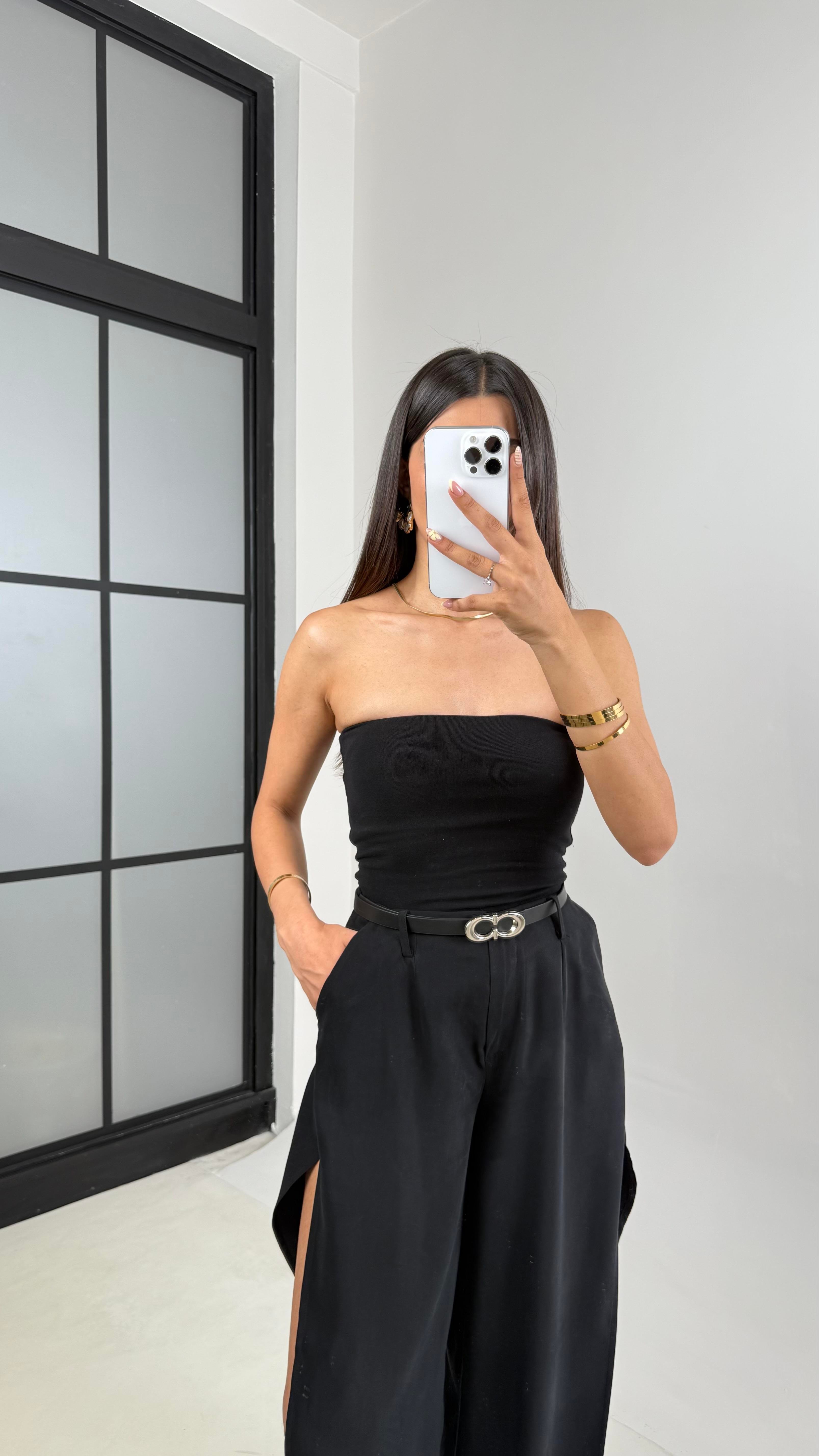 Siyah Yan Yırtmaçlı Kemerli Tencel Pantolon Gaus00639GausPANTOLONGU1002488