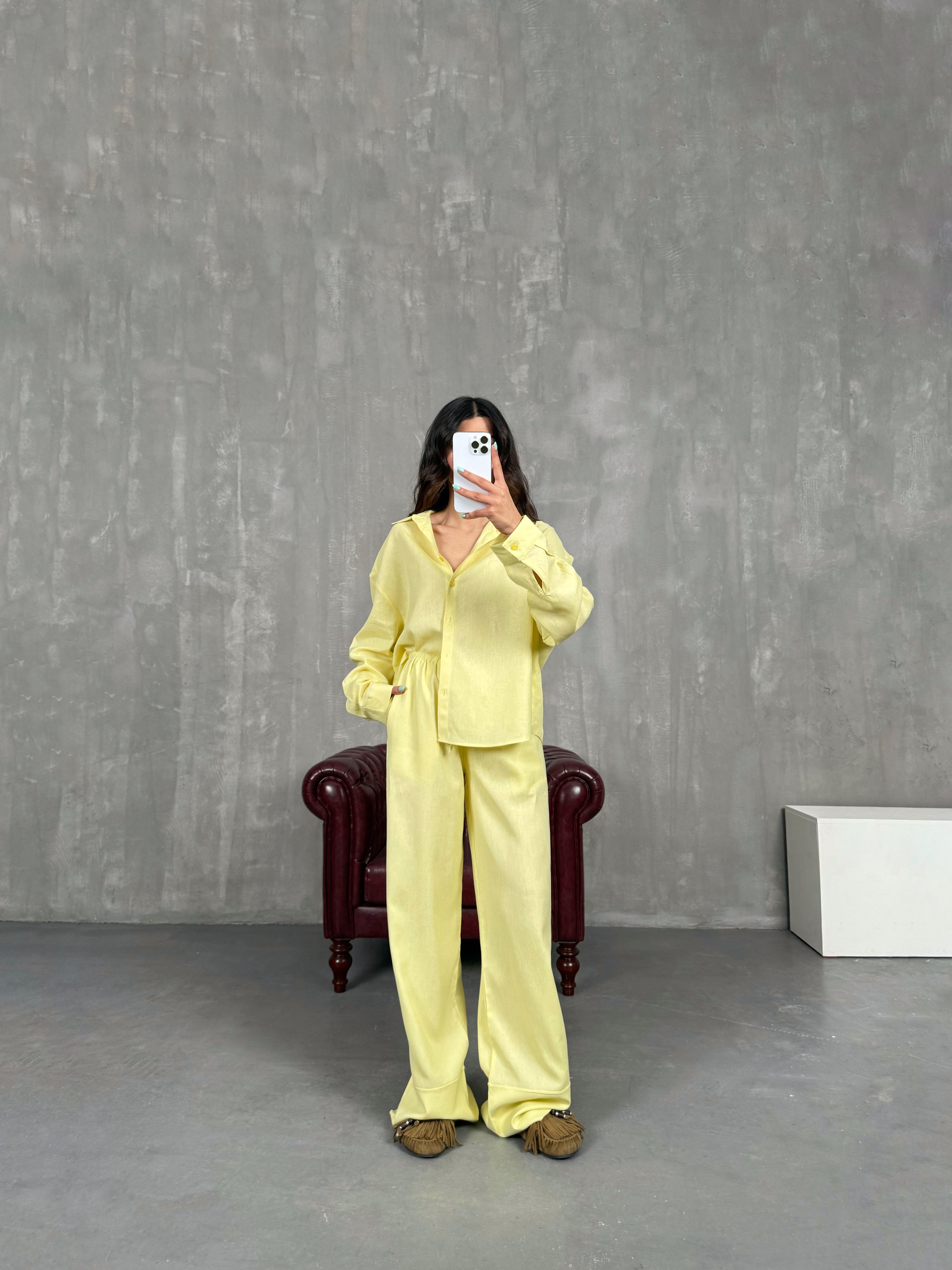 Sarı Beli Lastikli Keten Takım Gaus00224GausTAKIMGU1001515