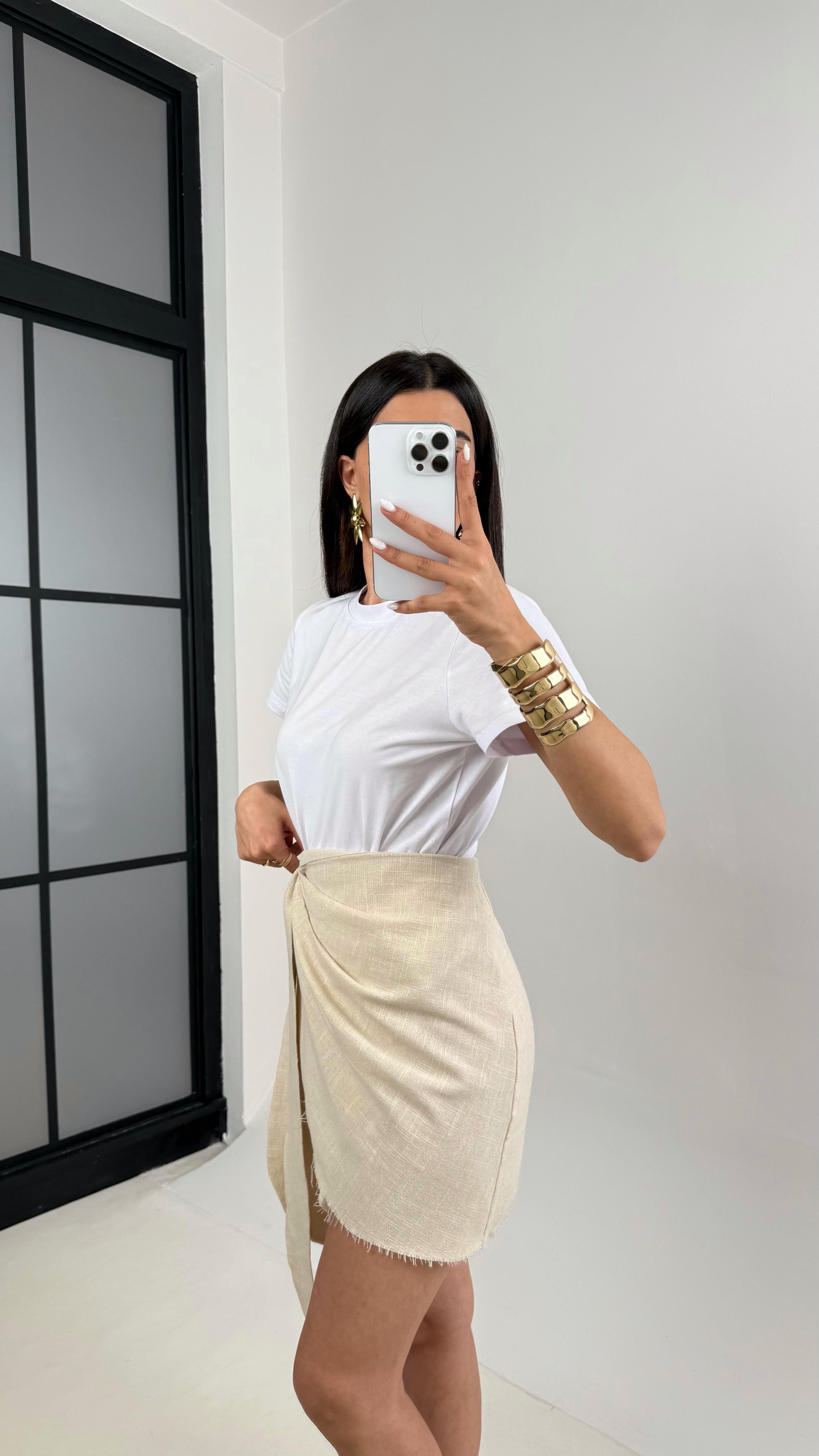 Taş Yan Bağlama Detaylı Keten Etek Gaus00435GausETEKGU1002026