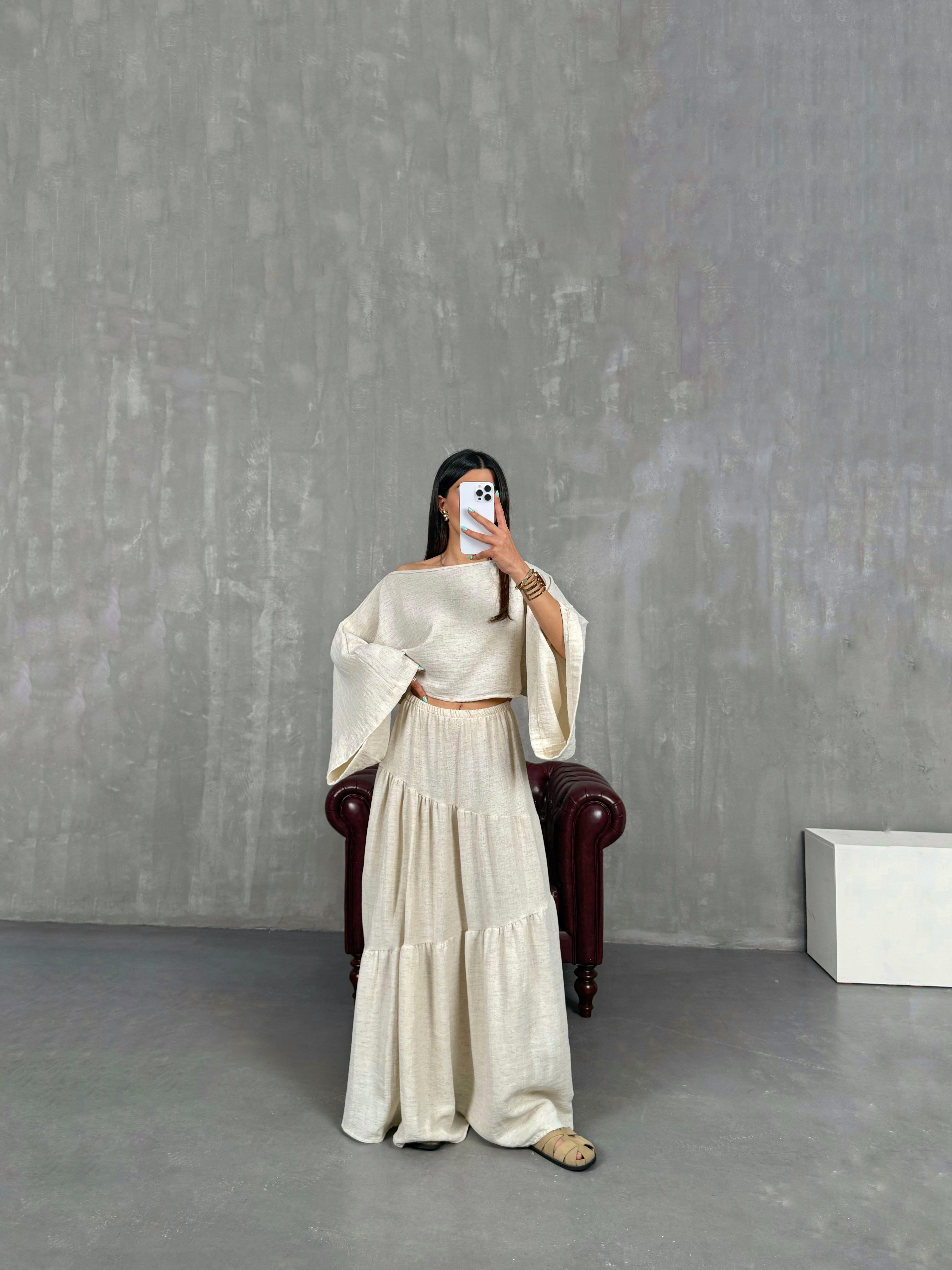 Taş Beli Lastikli Yırtmaçlı Etek Salaş İkili Keten Takım Gaus00249GausTAKIMGU1001575