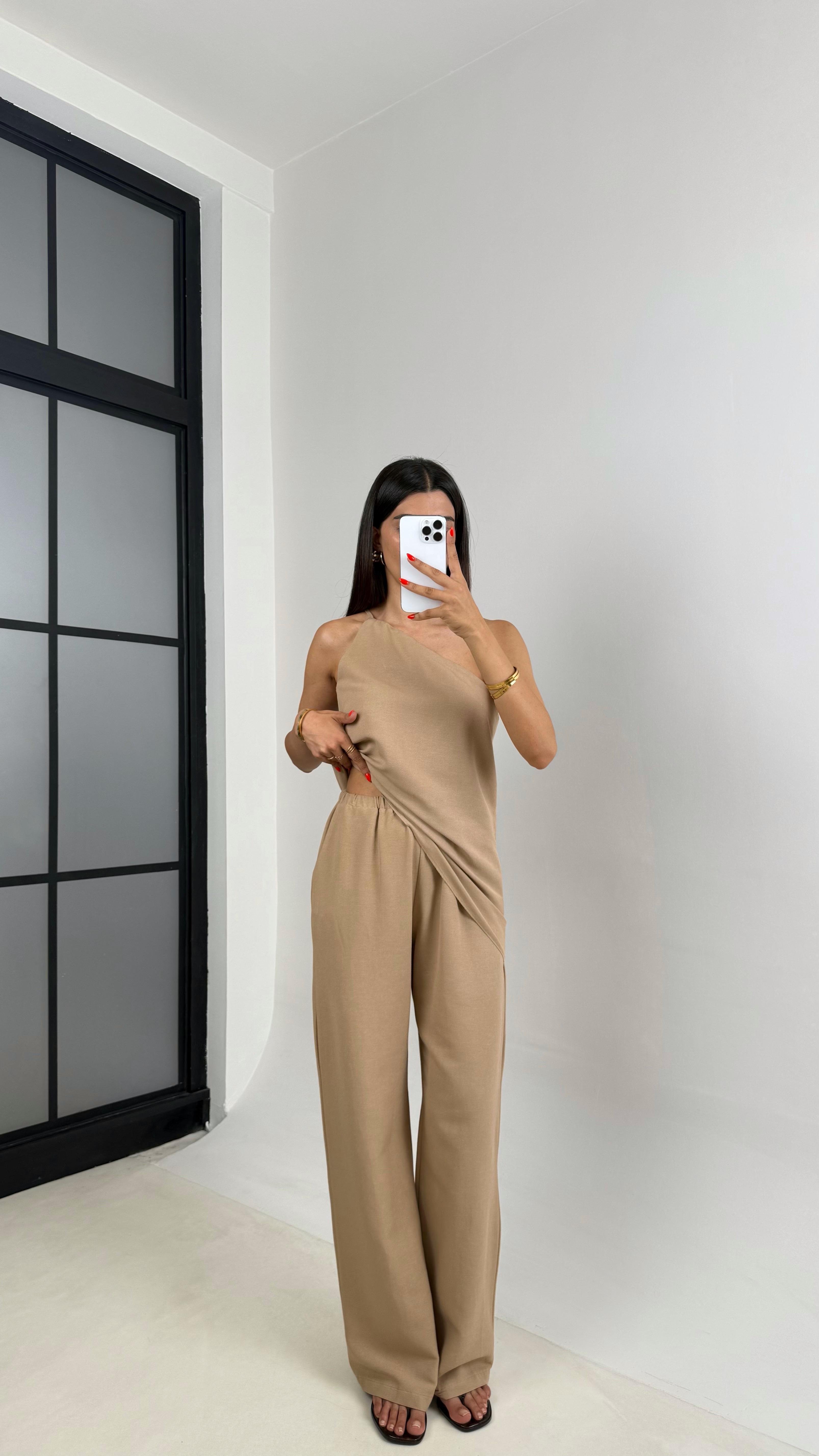 Taş Tek Omuz Bluz Beli Lastlik Pantolon Keten Takım Gaus00696GausTAKIMGaus00696