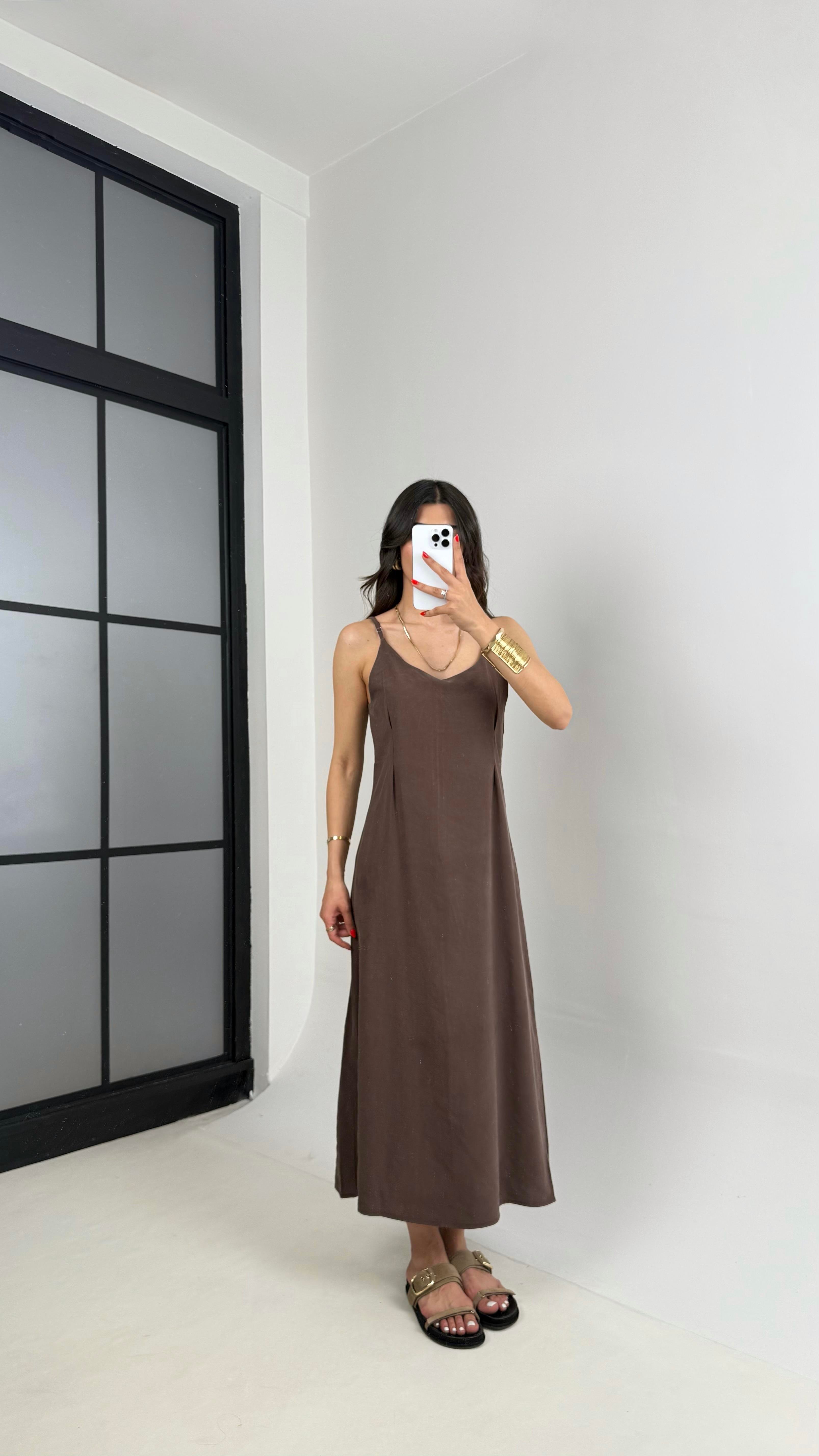 Acı Kahve Ayarlanabilir Askılı Elbise Gömlek İkili Tensel Takım Gaus00467GausTAKIMGU1002095