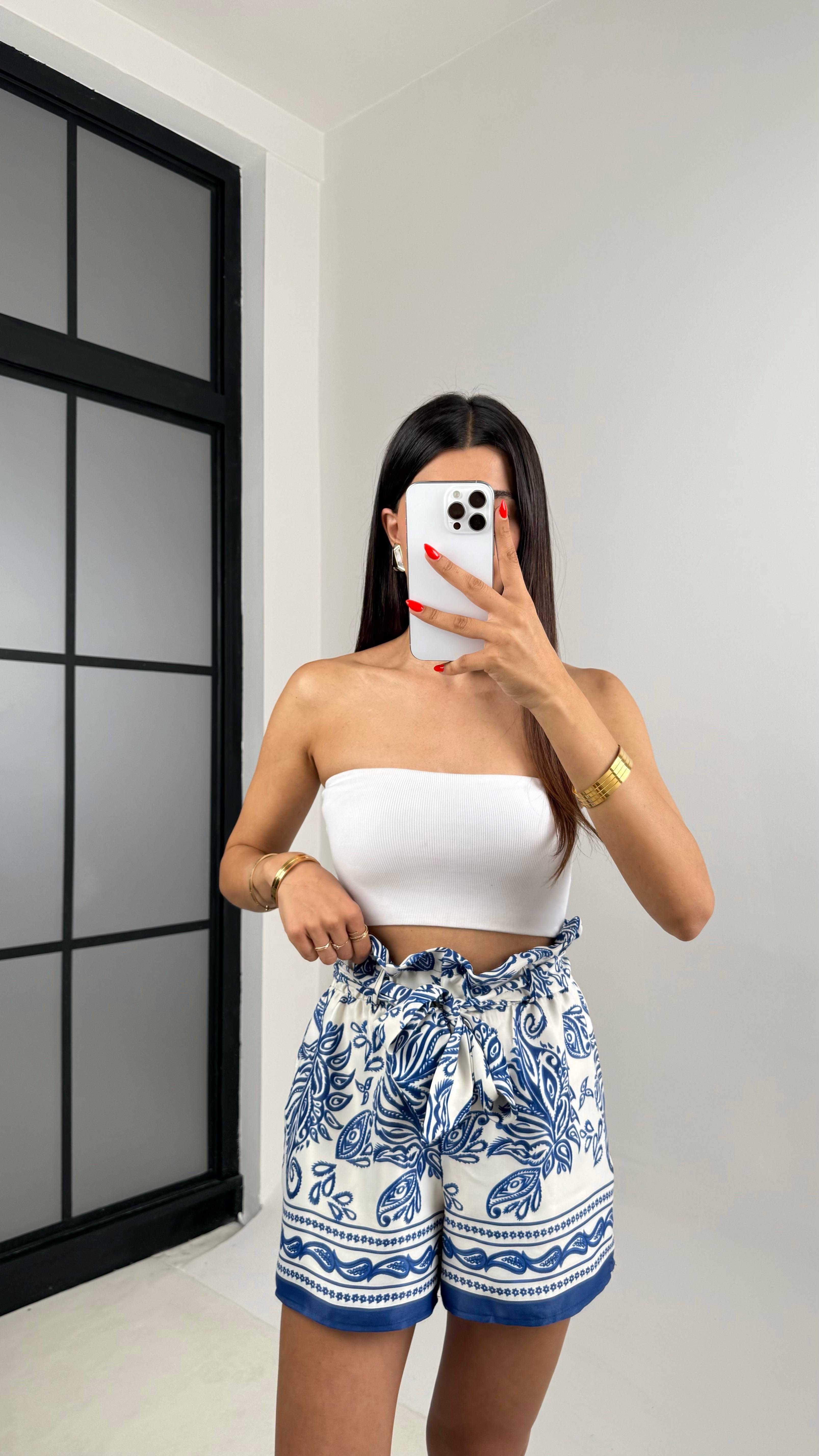 Mavi Etnik Desenli Kuşaklı Saten Şort GAUS-0021GAUSŞORTGAUS-0021