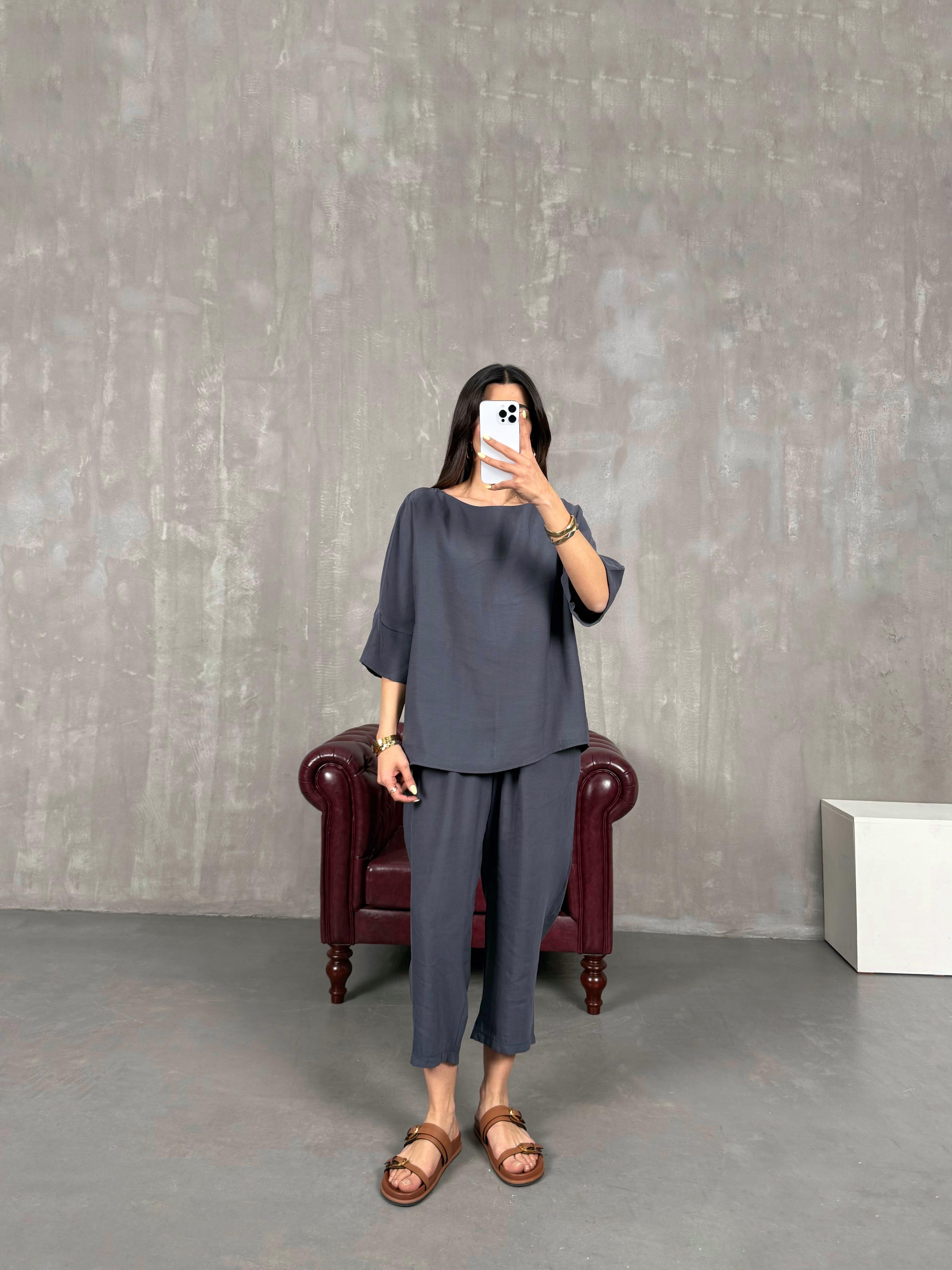 Antrasit Bisiklet Yaka Kırışık Tensel Takım Gaus00132GausTAKIMGU1001299