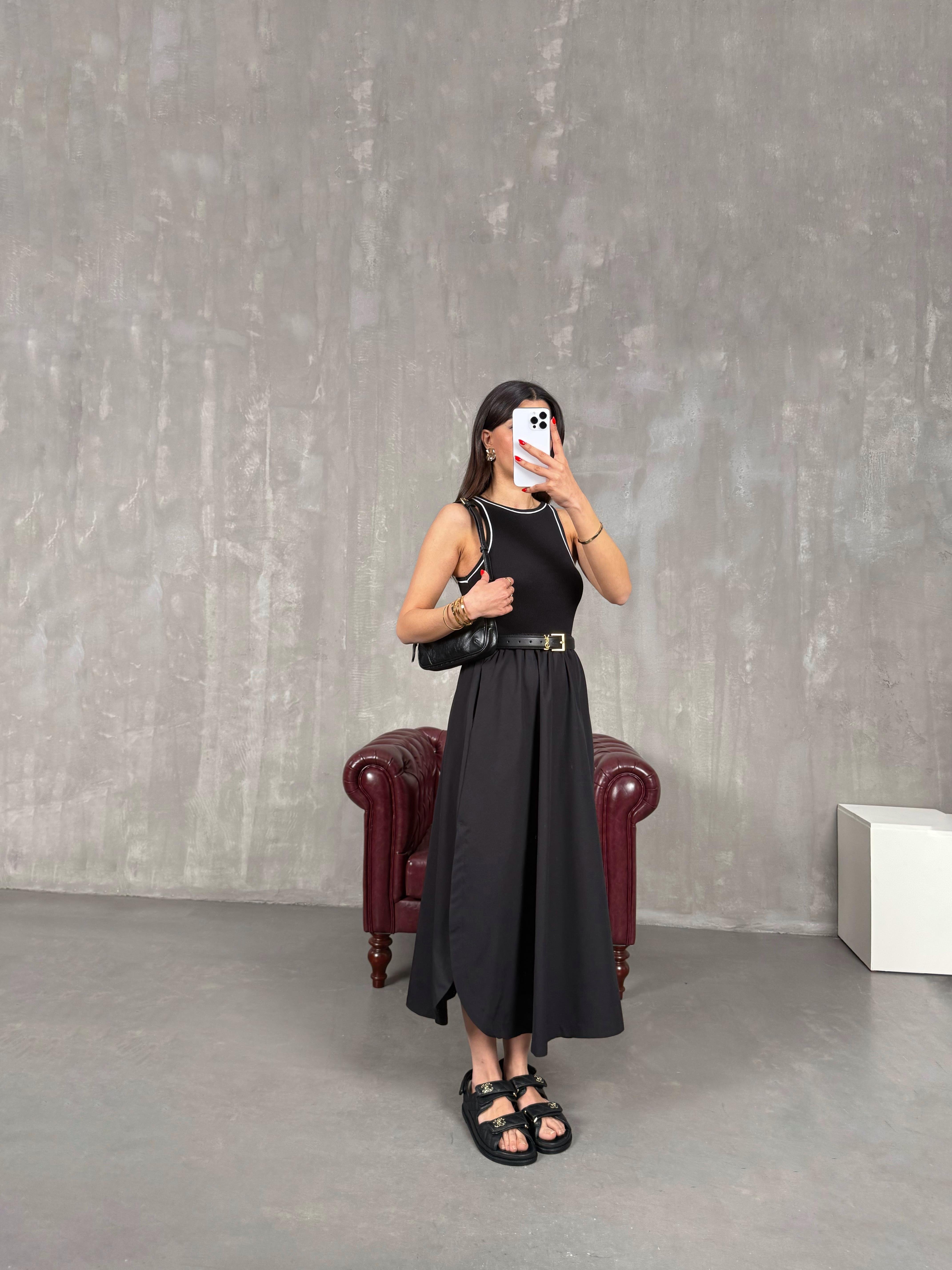 Siyah Poplin Karışımlı Fitilli Sıfır Kol Yırtmaçlı Cepli Elbise Gaus00172GausELBİSEGU1001399