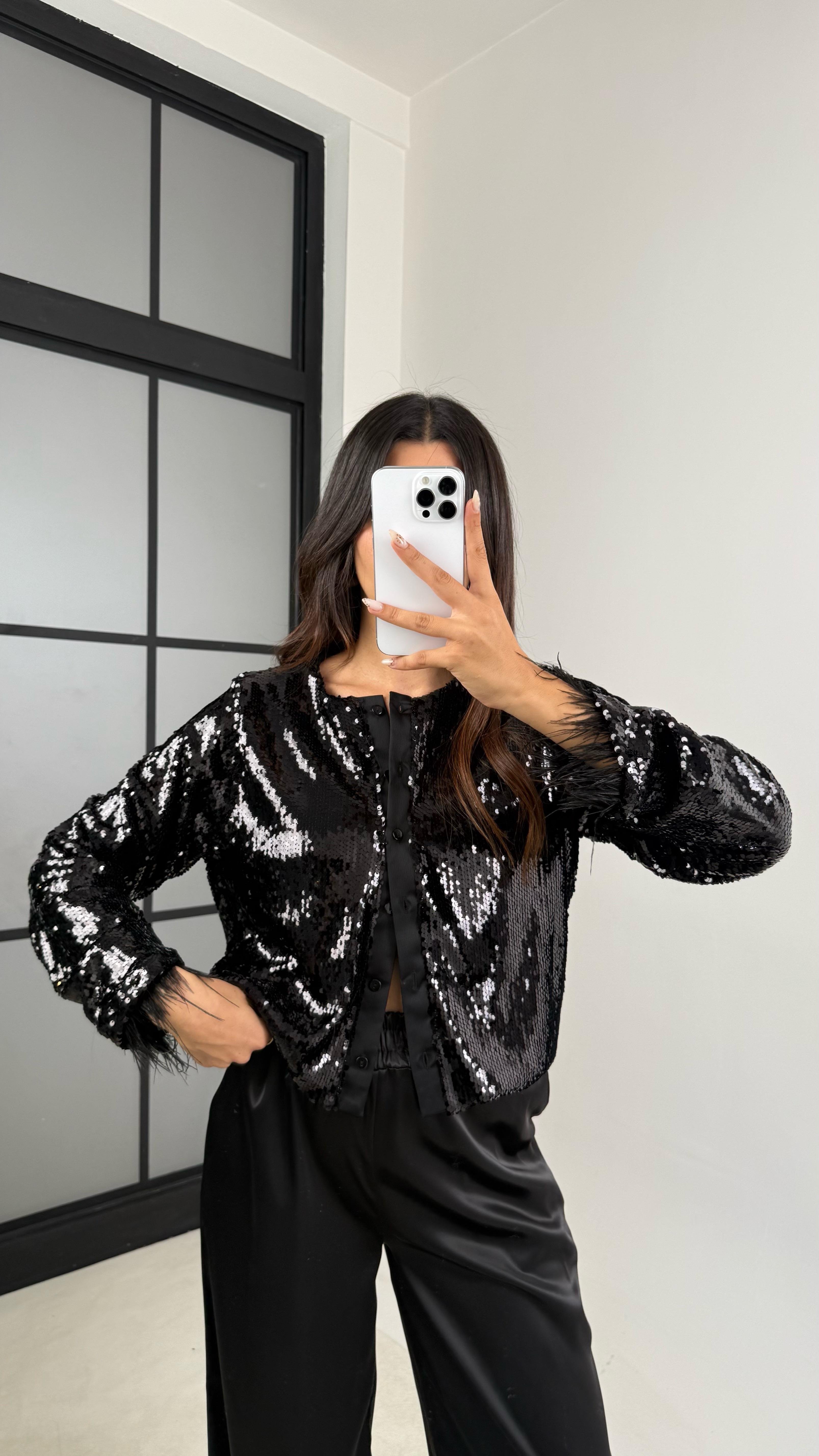 Siyah Pul Payetli Astarlı Tasarım Ceket Gömlek GAUS-0044GAUS القمصان GAUS-0044