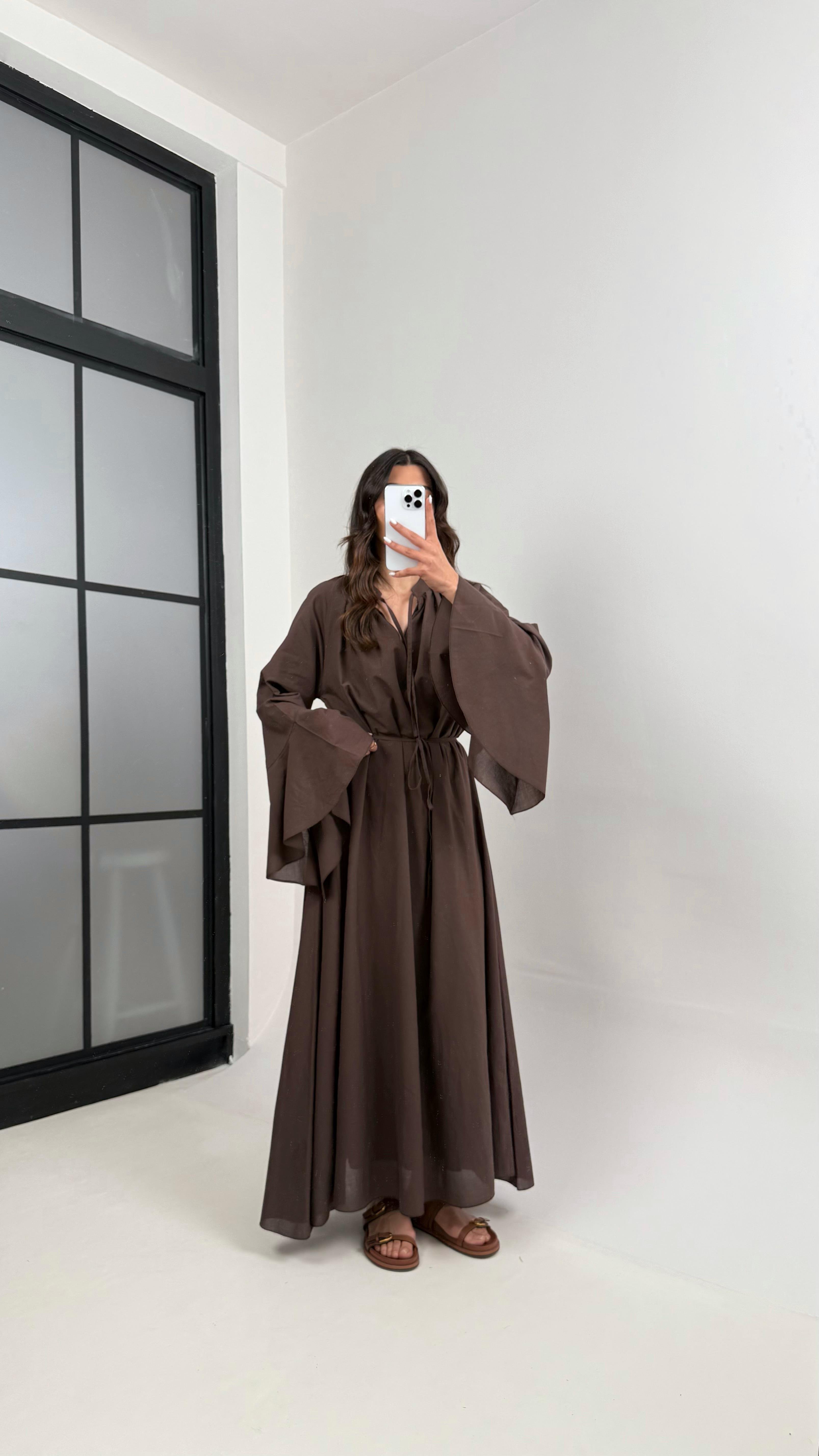 Acı Kahve Önü Bağlamalı Kuşaklı Astarlı Vual Kumaş Elbise Gaus00344GausELBİSEGU1001802