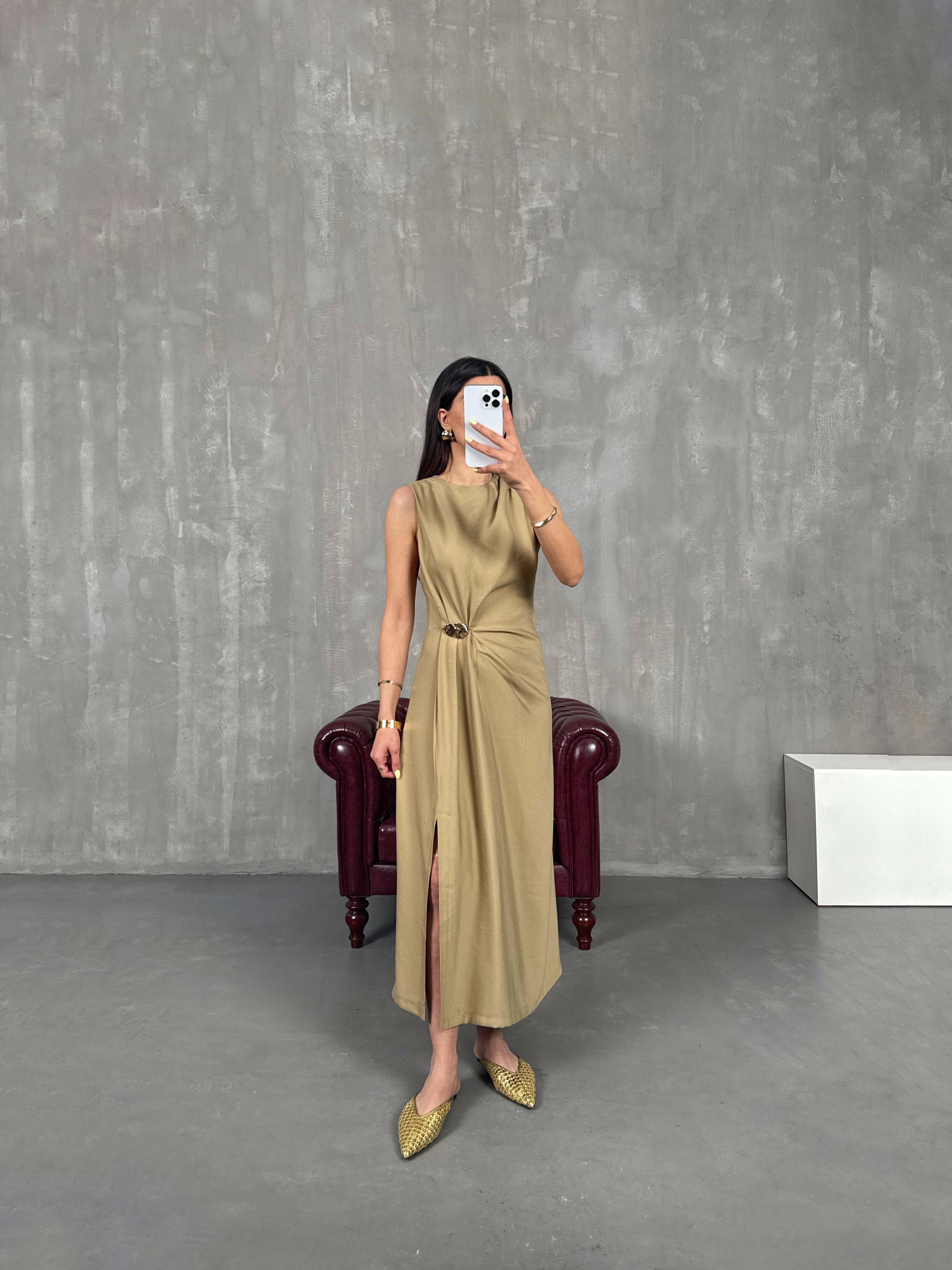 Haki Sıfır Kol Gold Detaylı Yırtmaçlı Elbise Gaus00141GausELBİSEGU1001325