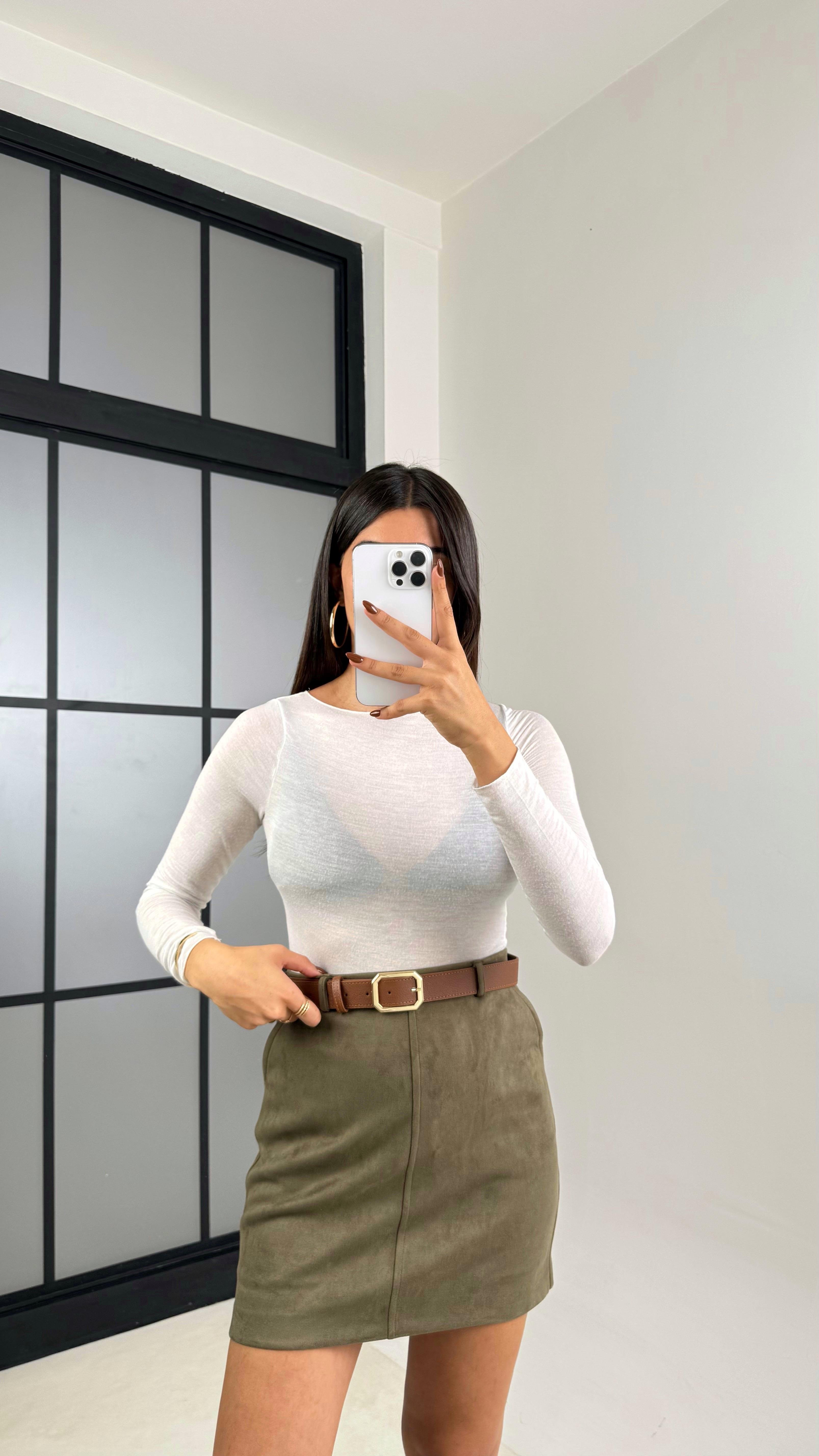 Haki Kemerli Süet Şort Etek GAUS-00169GAUSETEKGAUS-00169