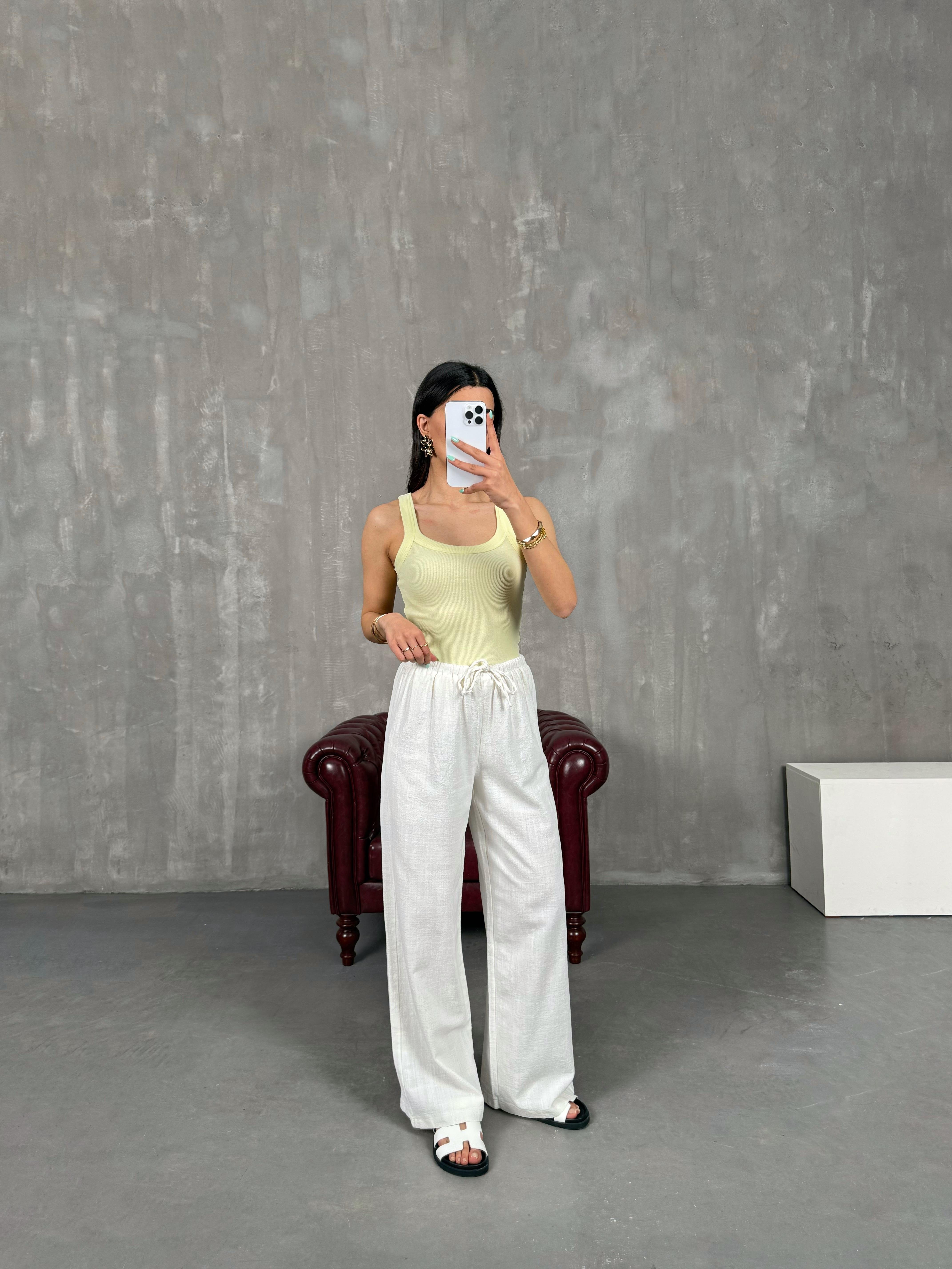 Beyaz Beli Lastikli Keten Pantolon Gaus00237GausPANTOLONGU1001548