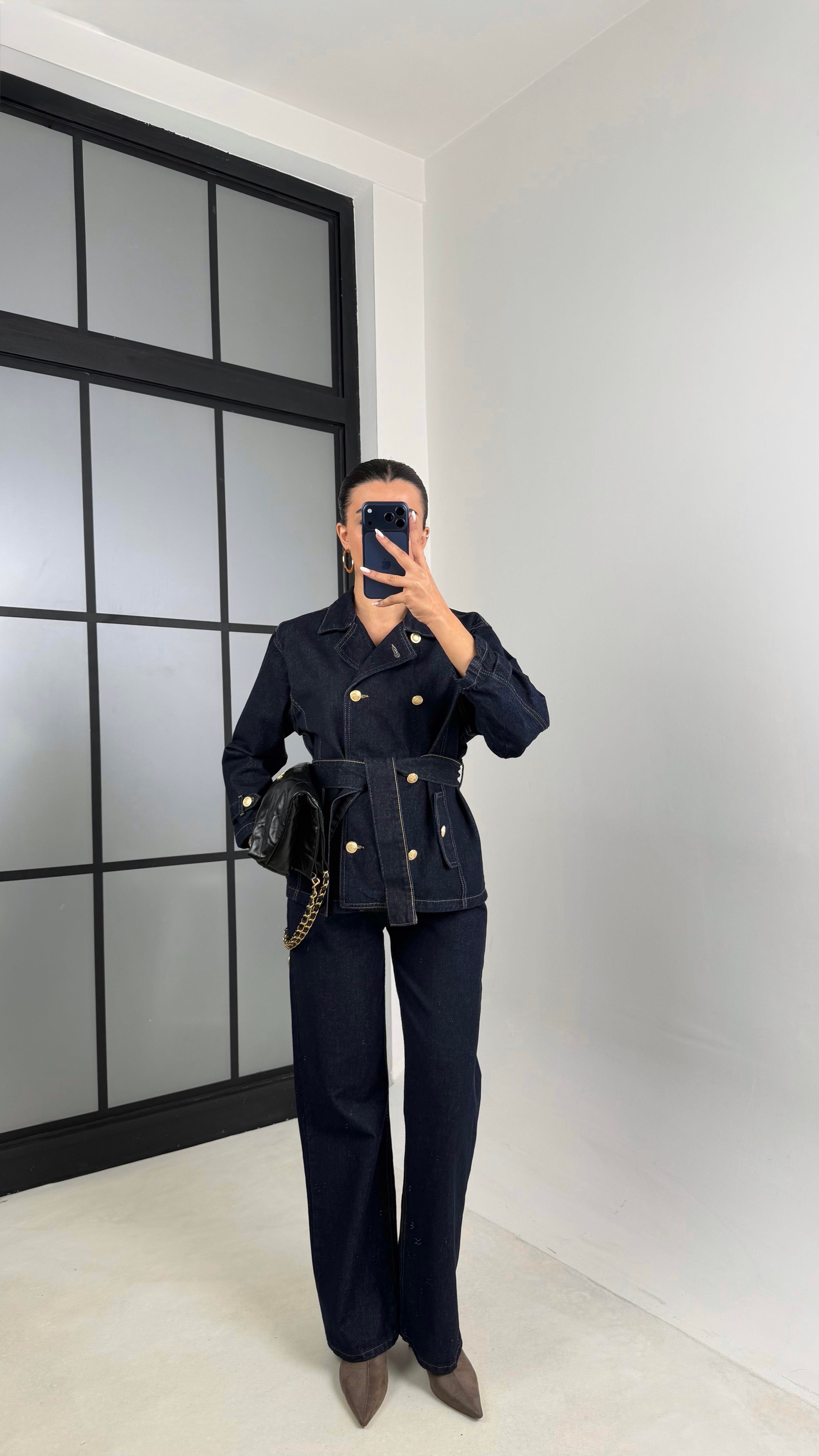 Lacivert Gold Düğmeli Cepli Kuşaklı Ceket Pantolon Denim Takım GAUS-00587GAUSTAKIMGAUS-00587