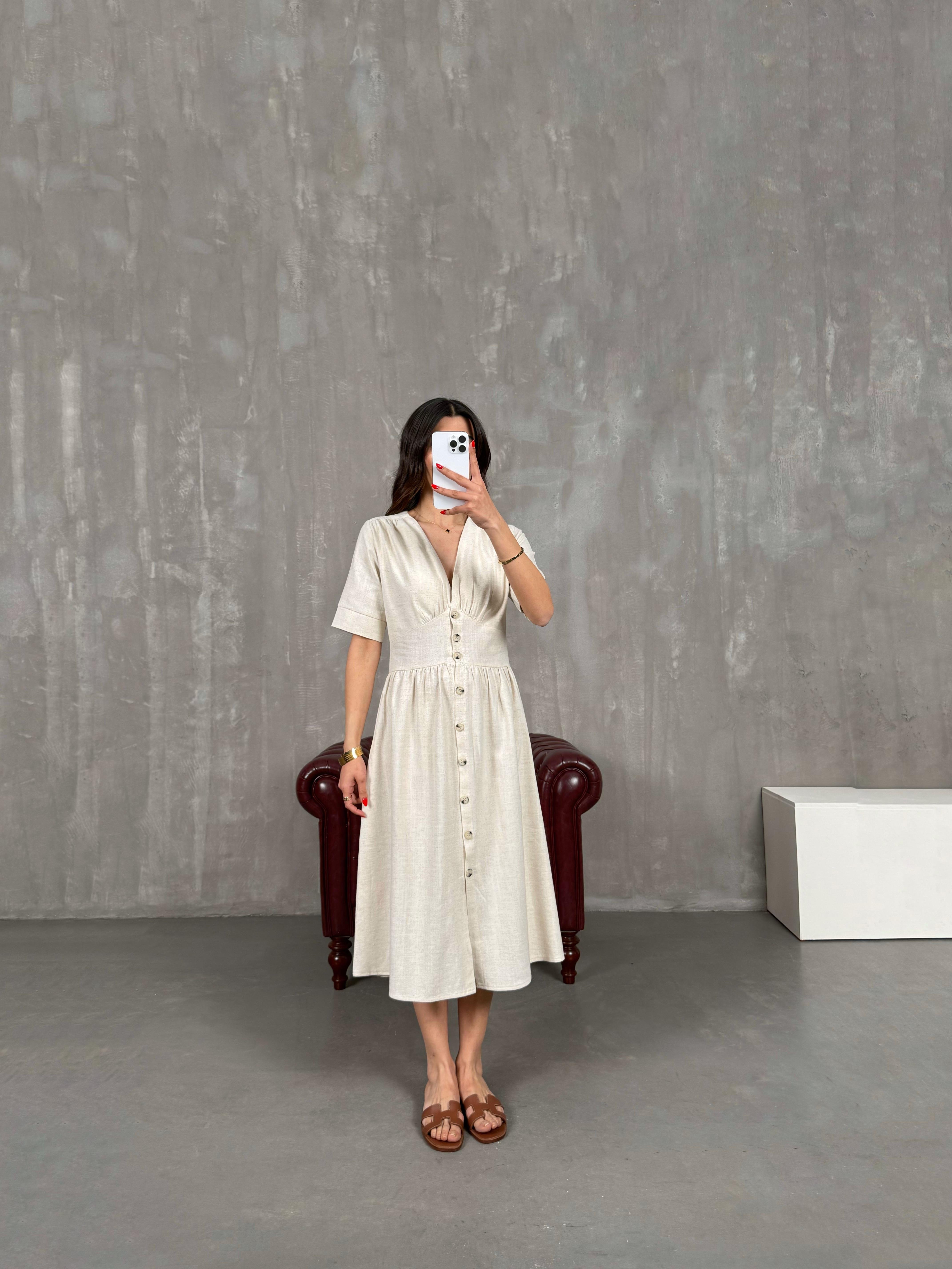 Taş V Yaka Düğmeli Keten Elbise Gaus00169GausELBİSEGU1001392