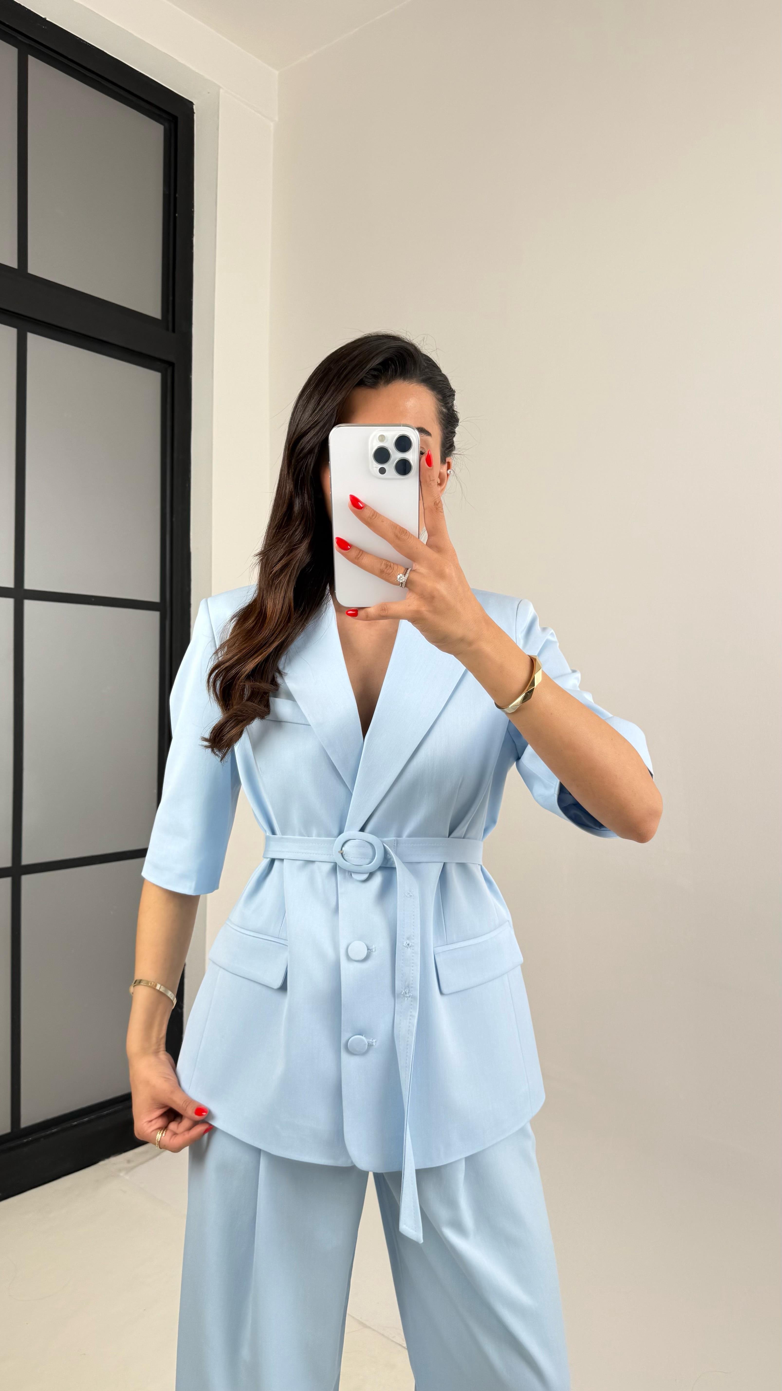 Mavi Yarım Kol Astarlı Vatkalı Kemerli Ceket Pantolon İkili Premium Takım Gaus00453GausTAKIMGU1002058