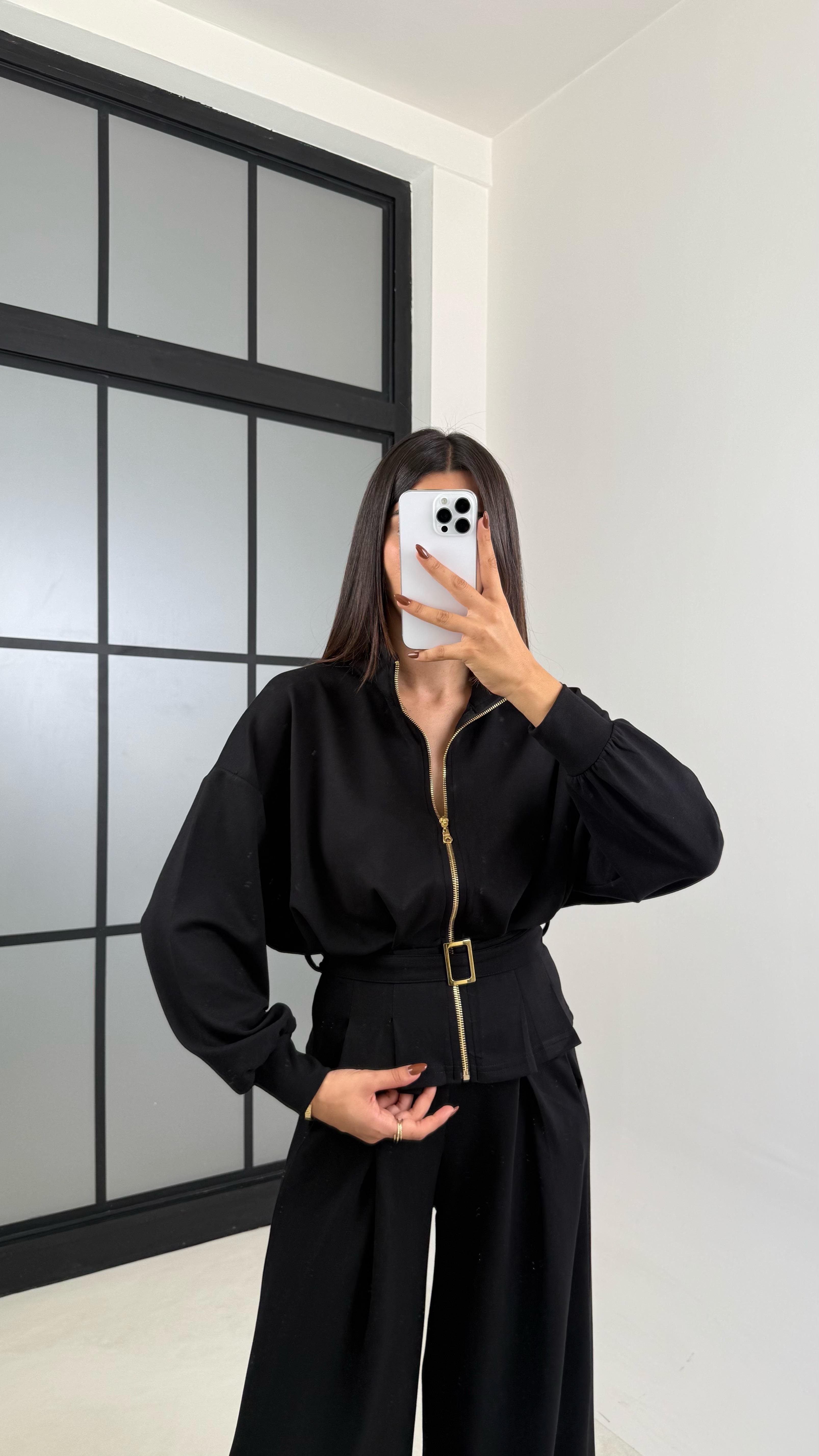 Siyah Kemer Detaylı Hırka Beli Lastikli Geniş Paça Pantolon Modal Takım GAUS-00188GAUSTAKIMGAUS-00188