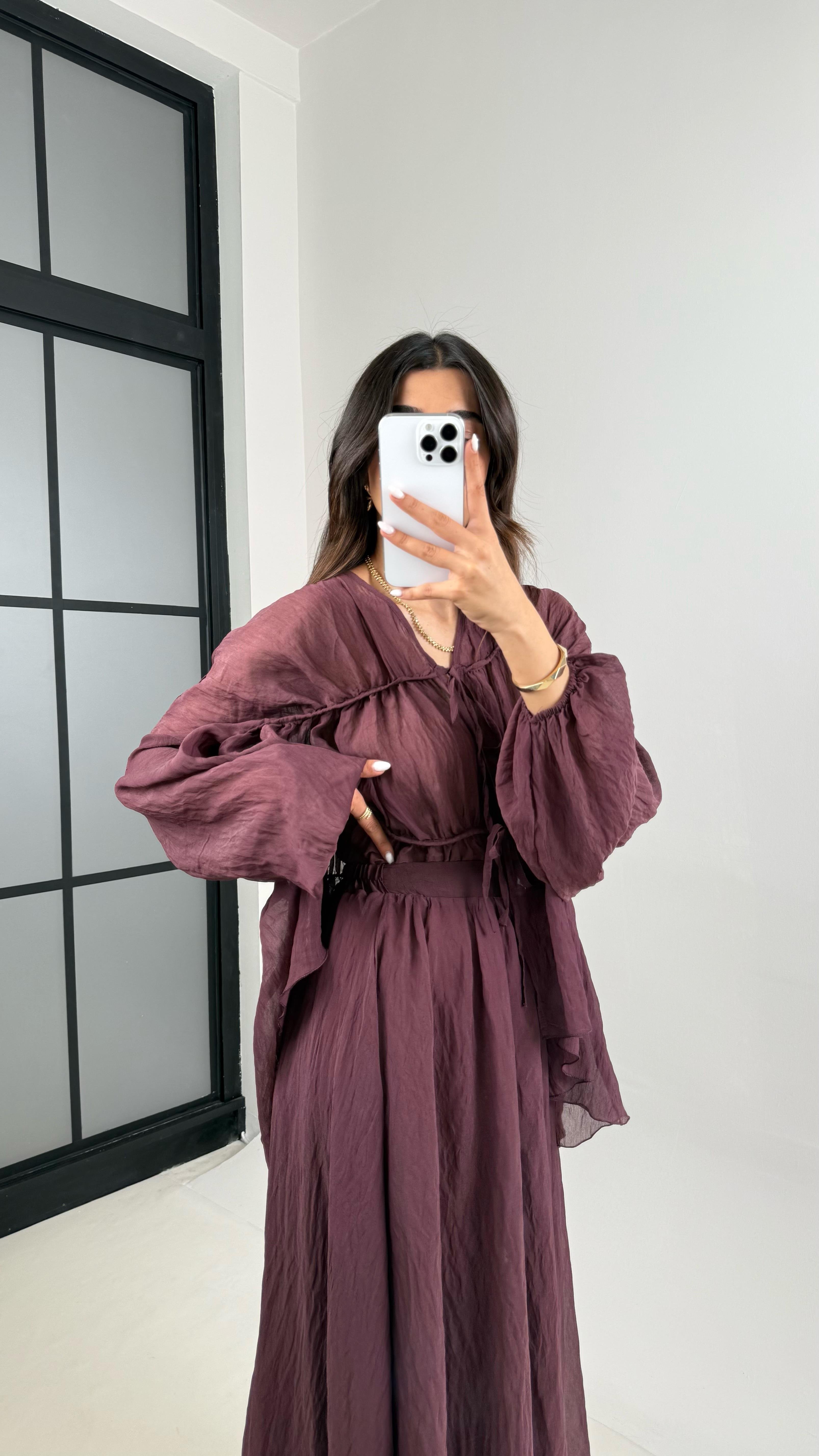 Mürdüm Gipeli Önden Bağlamalı Üst Astarlı Etek İkili Kırışık Kumaş Takım Gaus00426GausTAKIMGU1001992