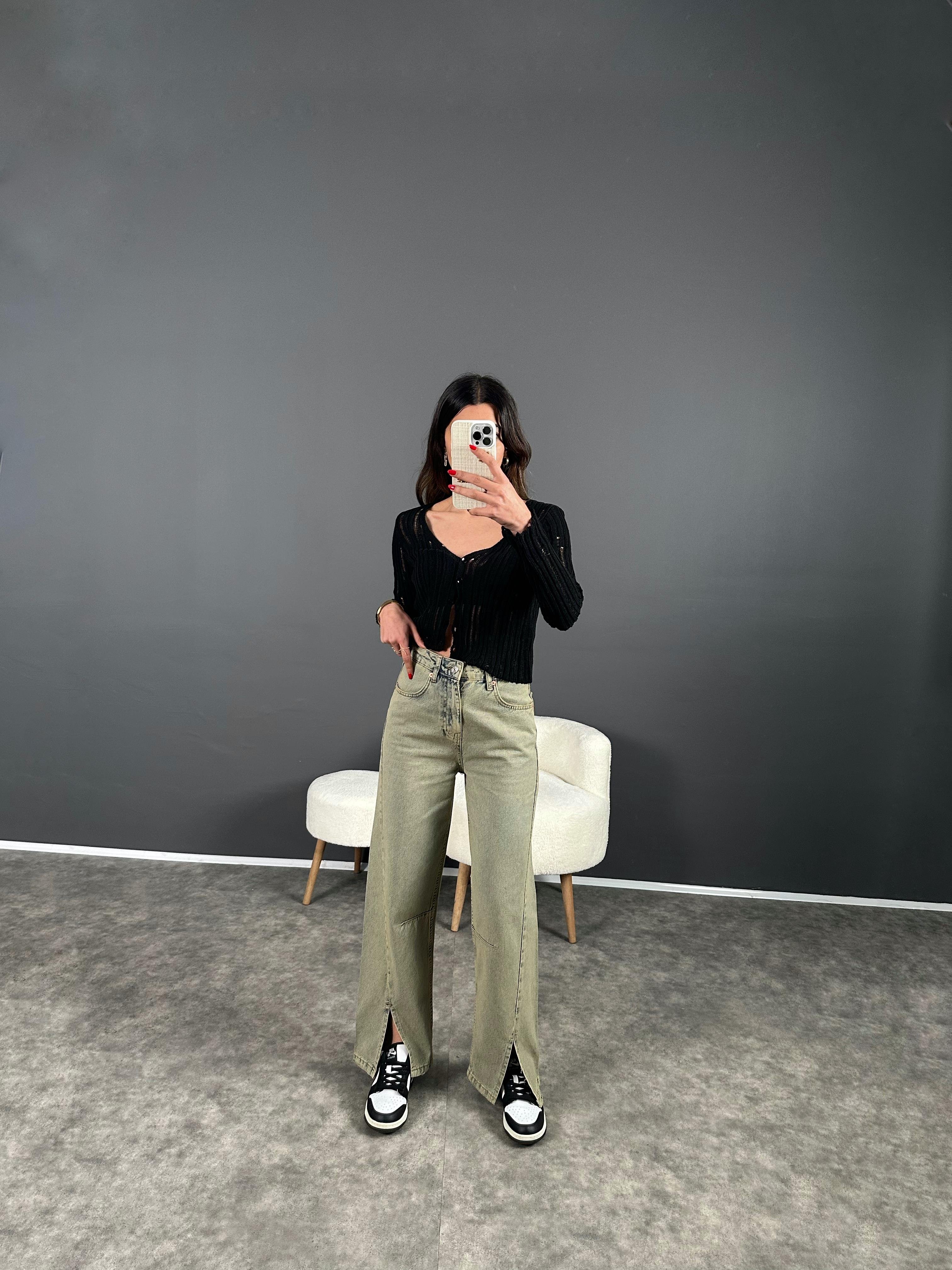 Yung Yeşil Eskitme Ön Yırtmaçlı Jean GausDENİM PANTOLONGU004418