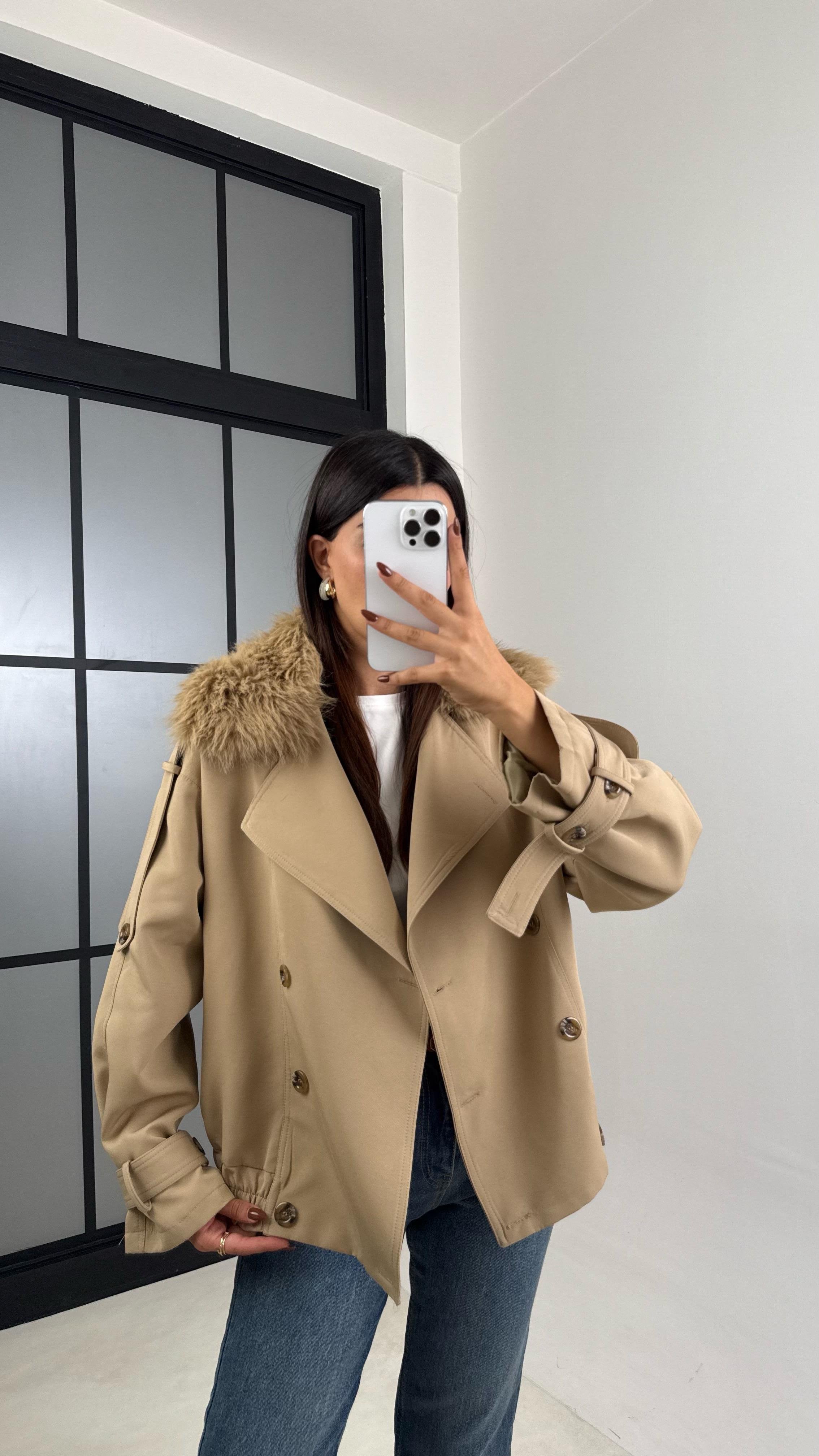 Vizon Kürk Detaylı Astarlı Premium Trençkot GAUS-00190GAUSمعاطف الترنشكوت GAUS-00190