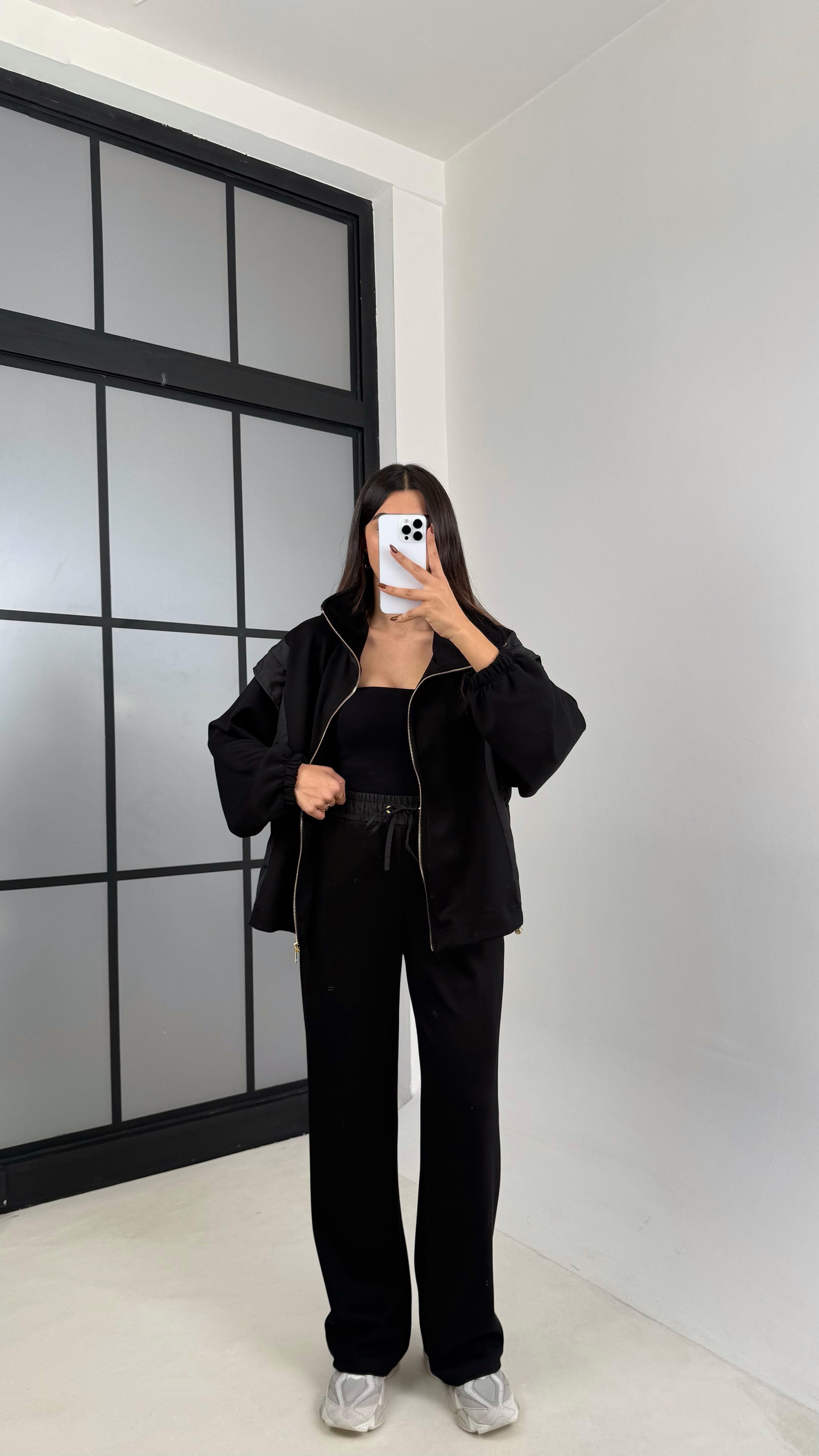 Siyah Paraşüt Kumaş Detaylı Hırka Pantolon İkili Modal Kumaş Takım GAUS-00209GAUSTAKIMGAUS-00209