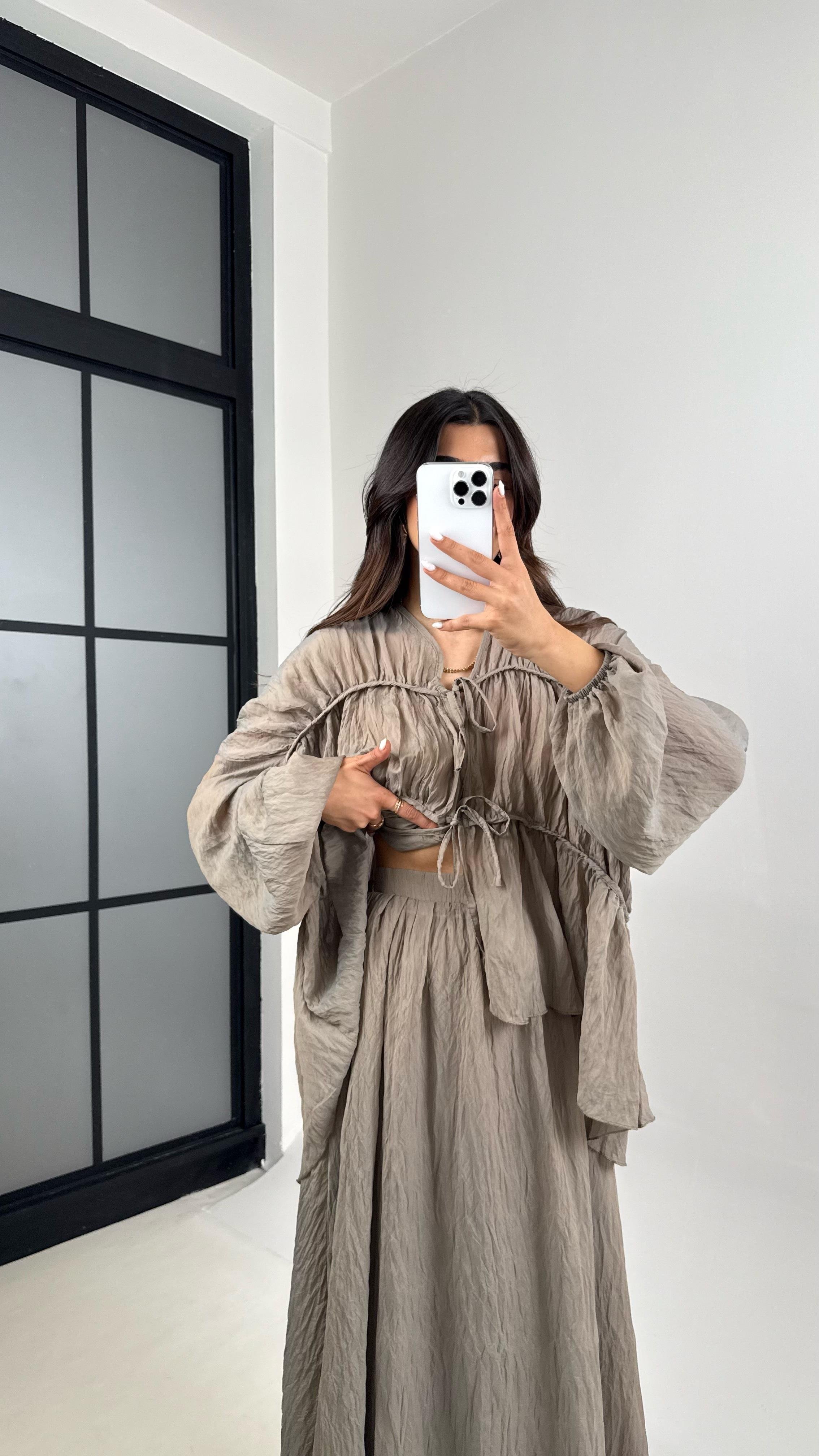 Haki Gipeli Önden Bağlamalı Üst Astarlı Etek İkili Kırışık Kumaş Takım Gaus00426GausTAKIMGU1001993