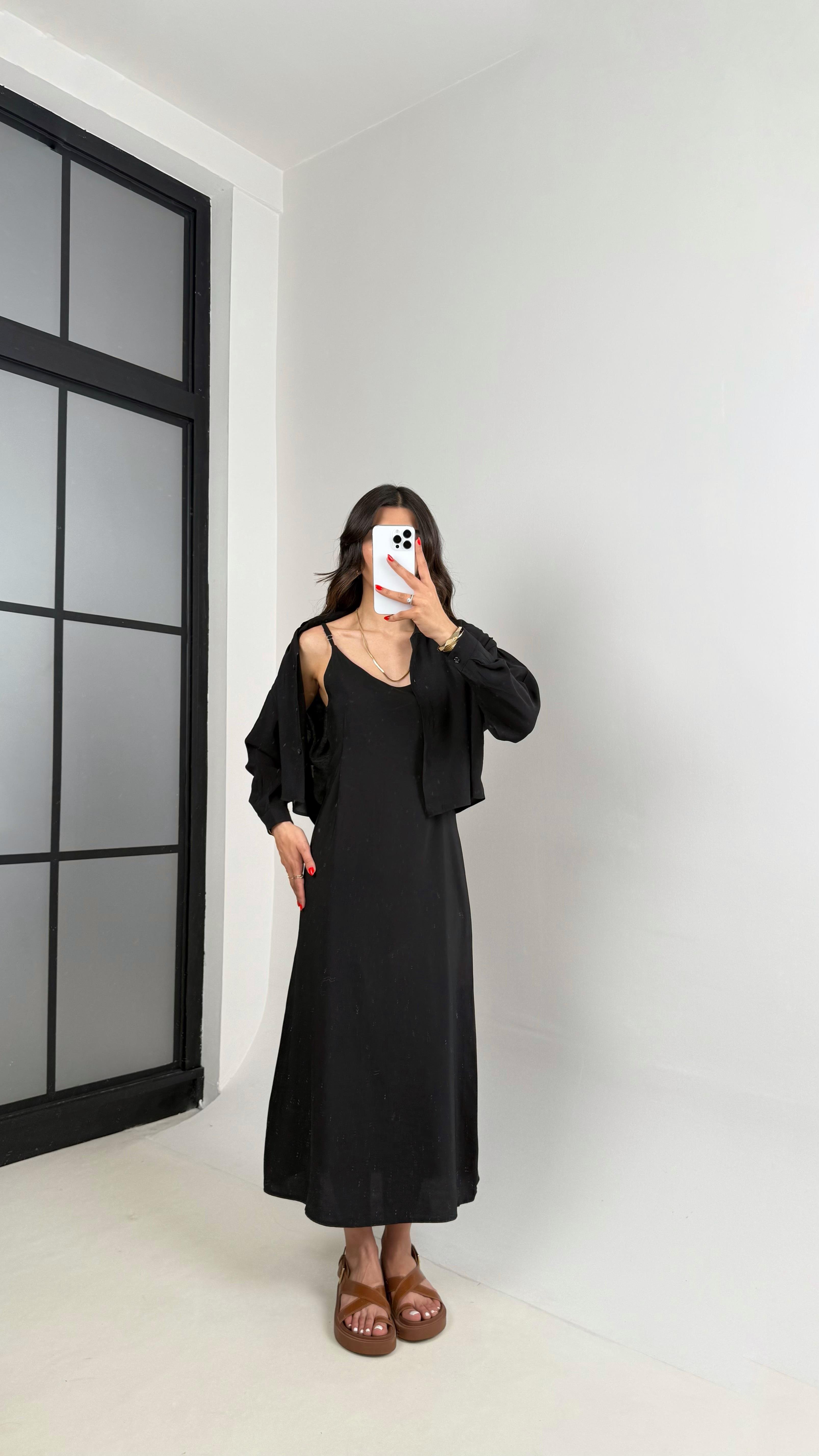 Siyah Ayarlanabilir Askılı Elbise Gömlek İkili Tensel Takım Gaus00467GausTAKIMGU1002092